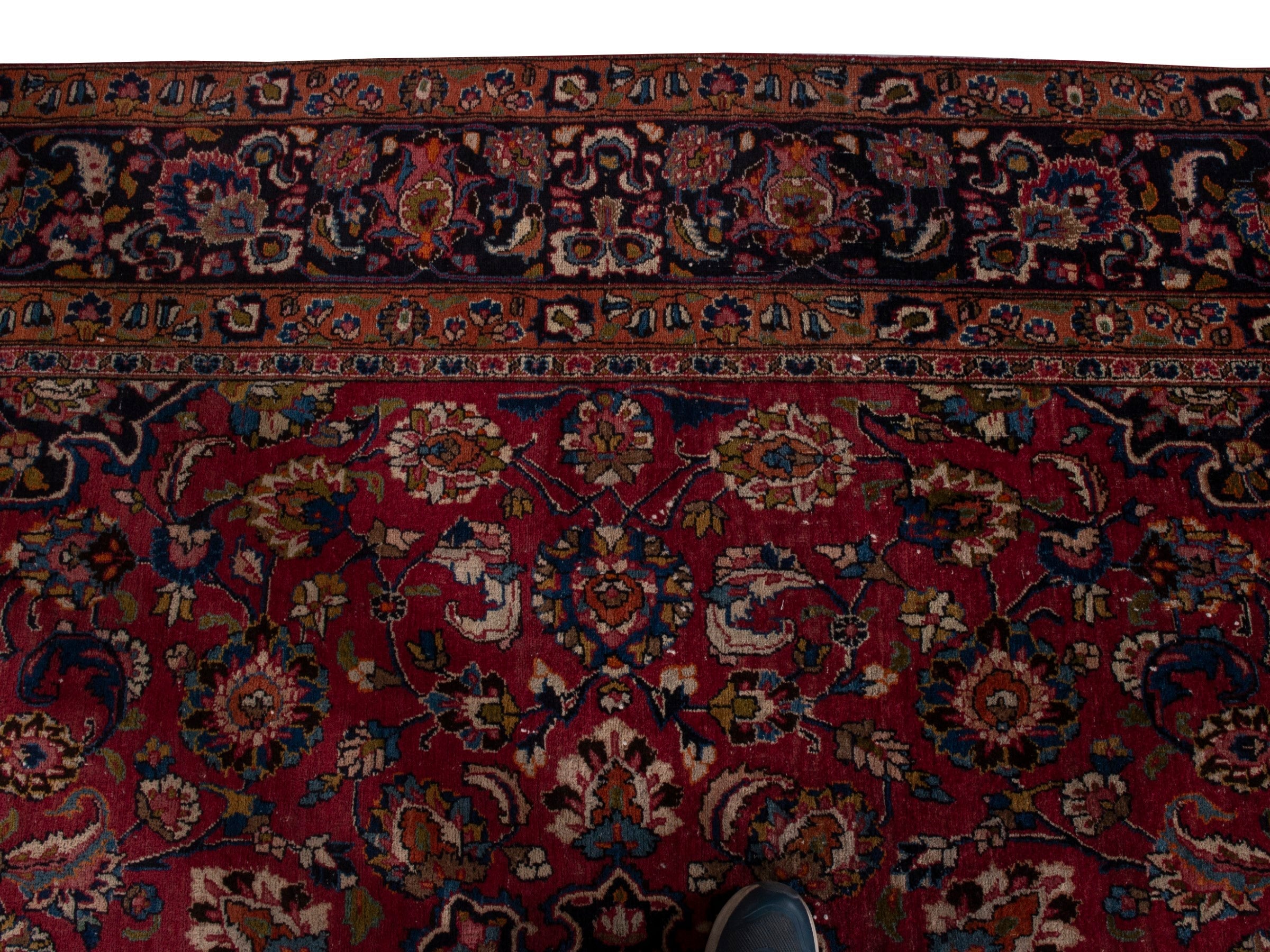 Persian Mashhad oversized rug in burgundy and navy, view 7 of 10