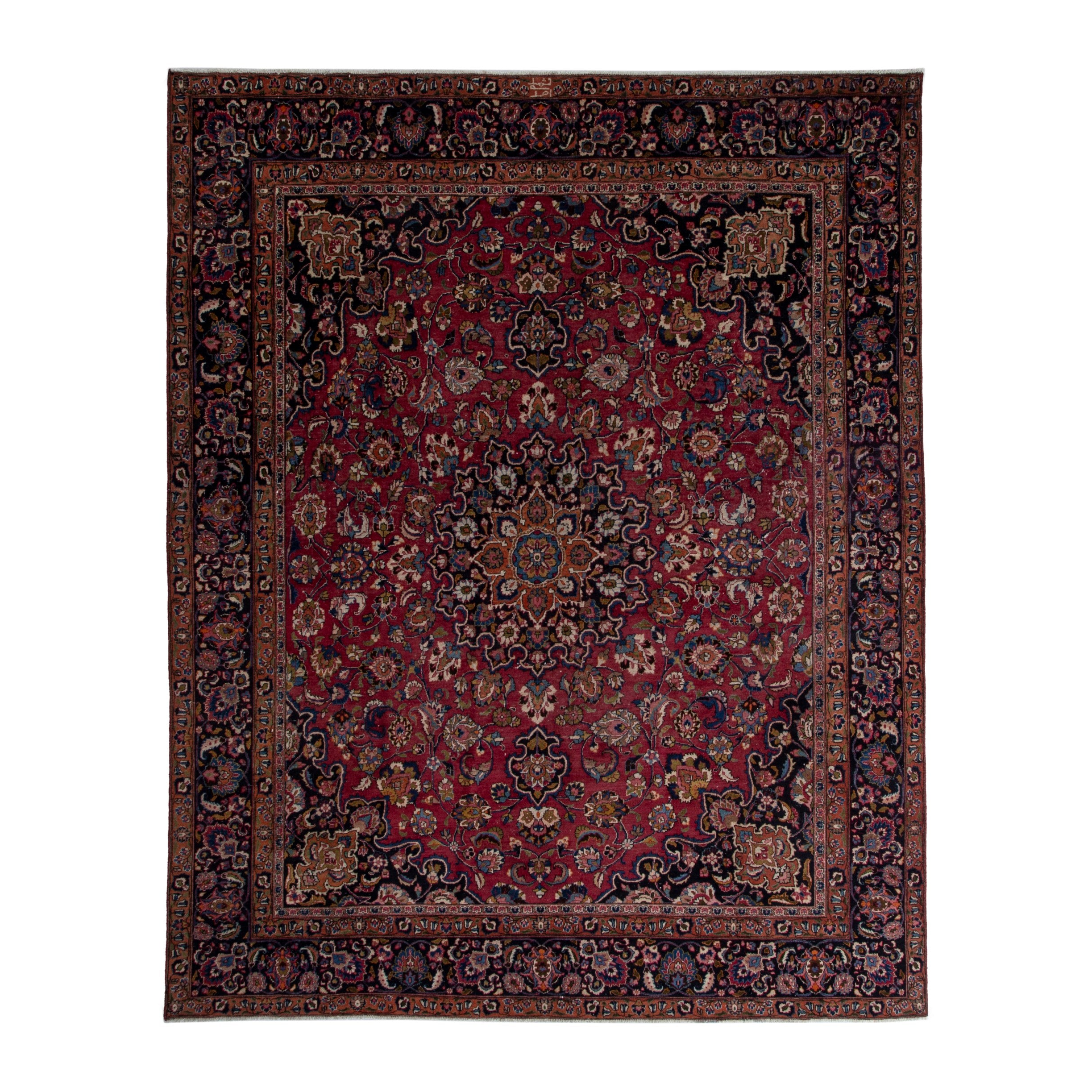 Persian Mashhad oversized rug in burgundy and navy, 9'10" x 12'