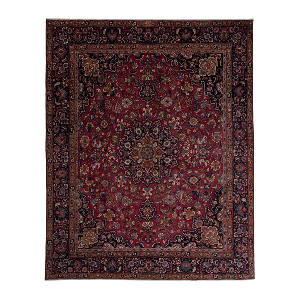 Persian Mashhad oversized rug in burgundy and navy, 9'10" x 12'