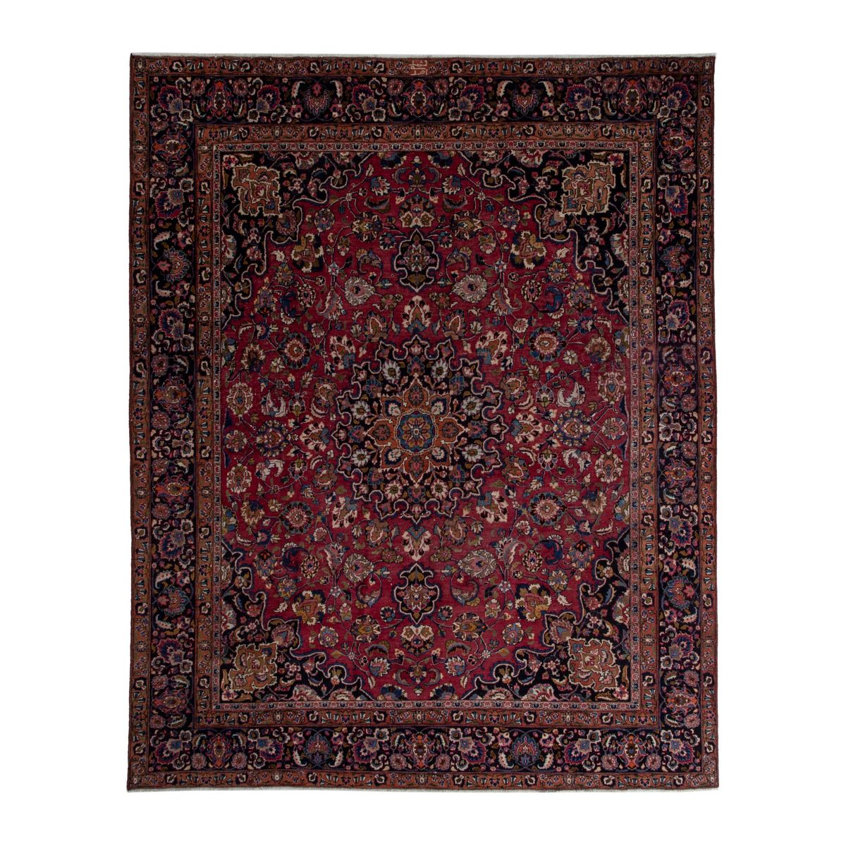 Persian Mashhad oversized rug in burgundy and navy, 9'10" x 12'
