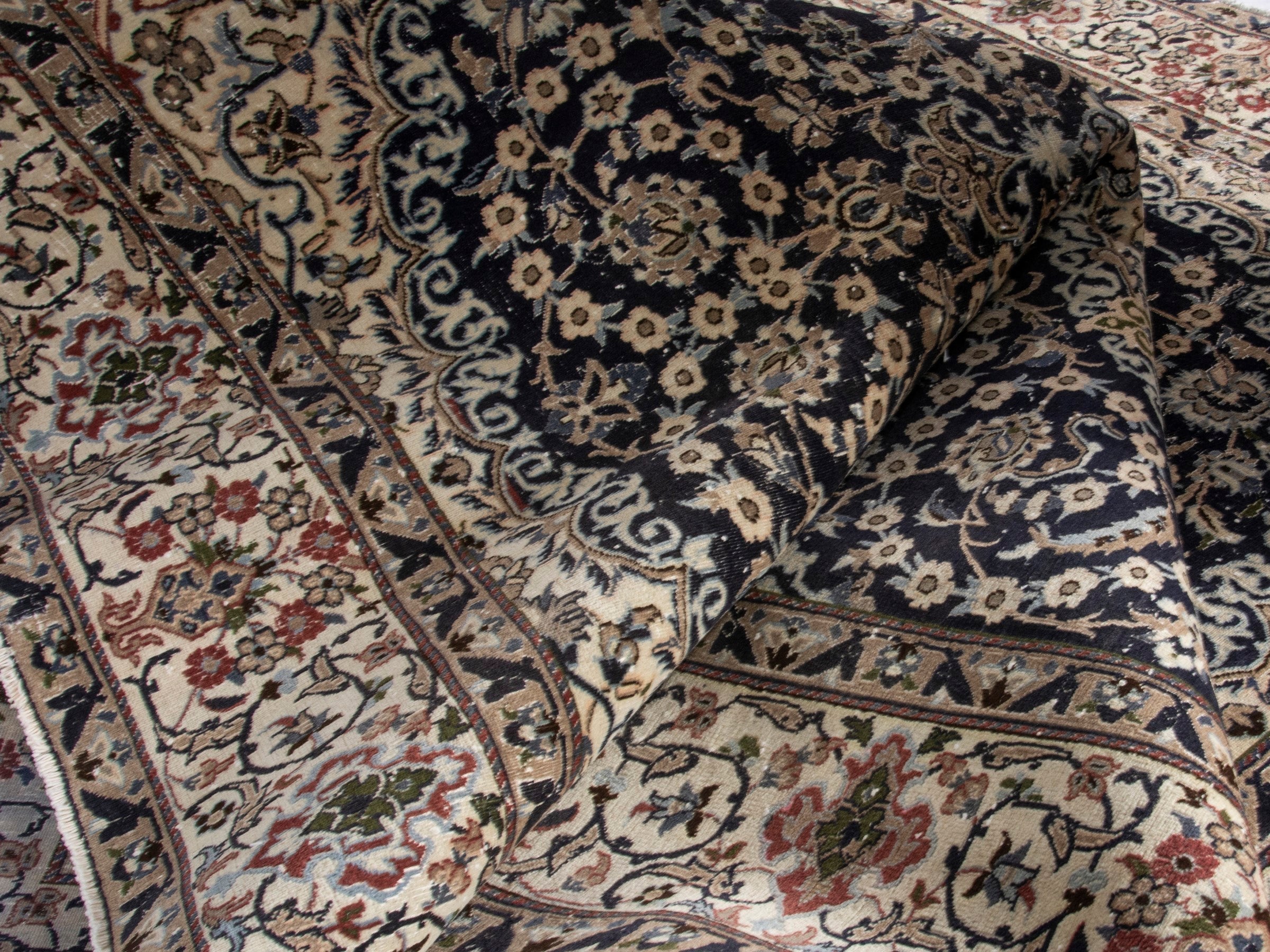 Persian Nain oversized rug in navy and cream, view 16 of 17