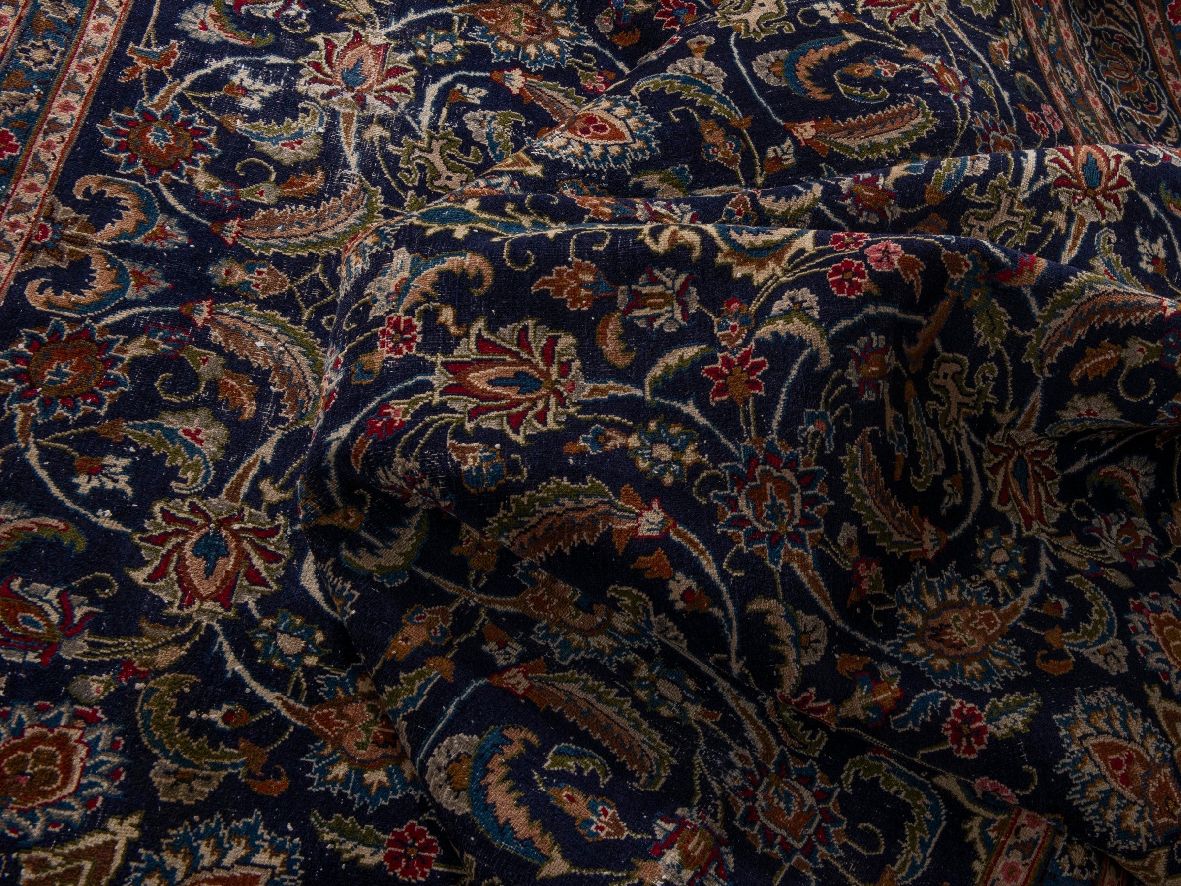 Persian Kashmar oversized rug in navy and rust, view 14 of 17