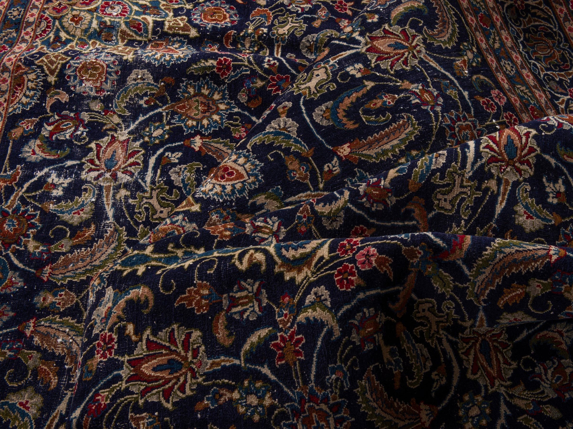 Persian Kashmar oversized rug in navy and rust, view 17 of 17