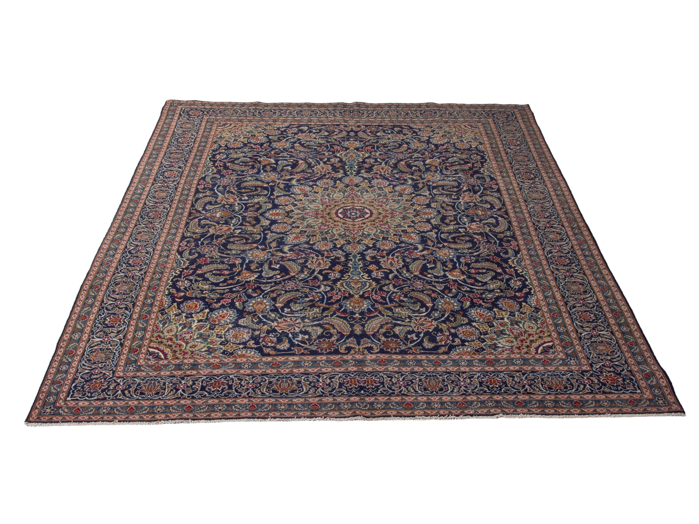 Persian Kashmar oversized rug in navy and rust, view 2 of 17