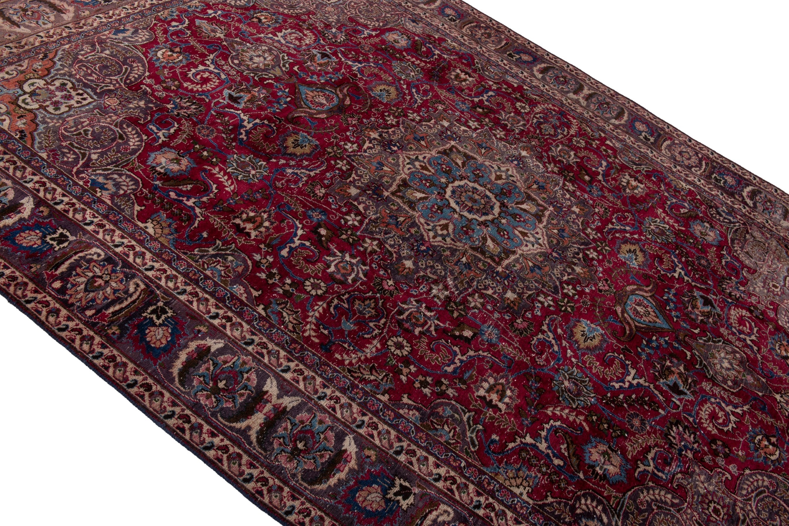 Persian Mashhad oversized rug in burgundy and faded red, view 3 of 23