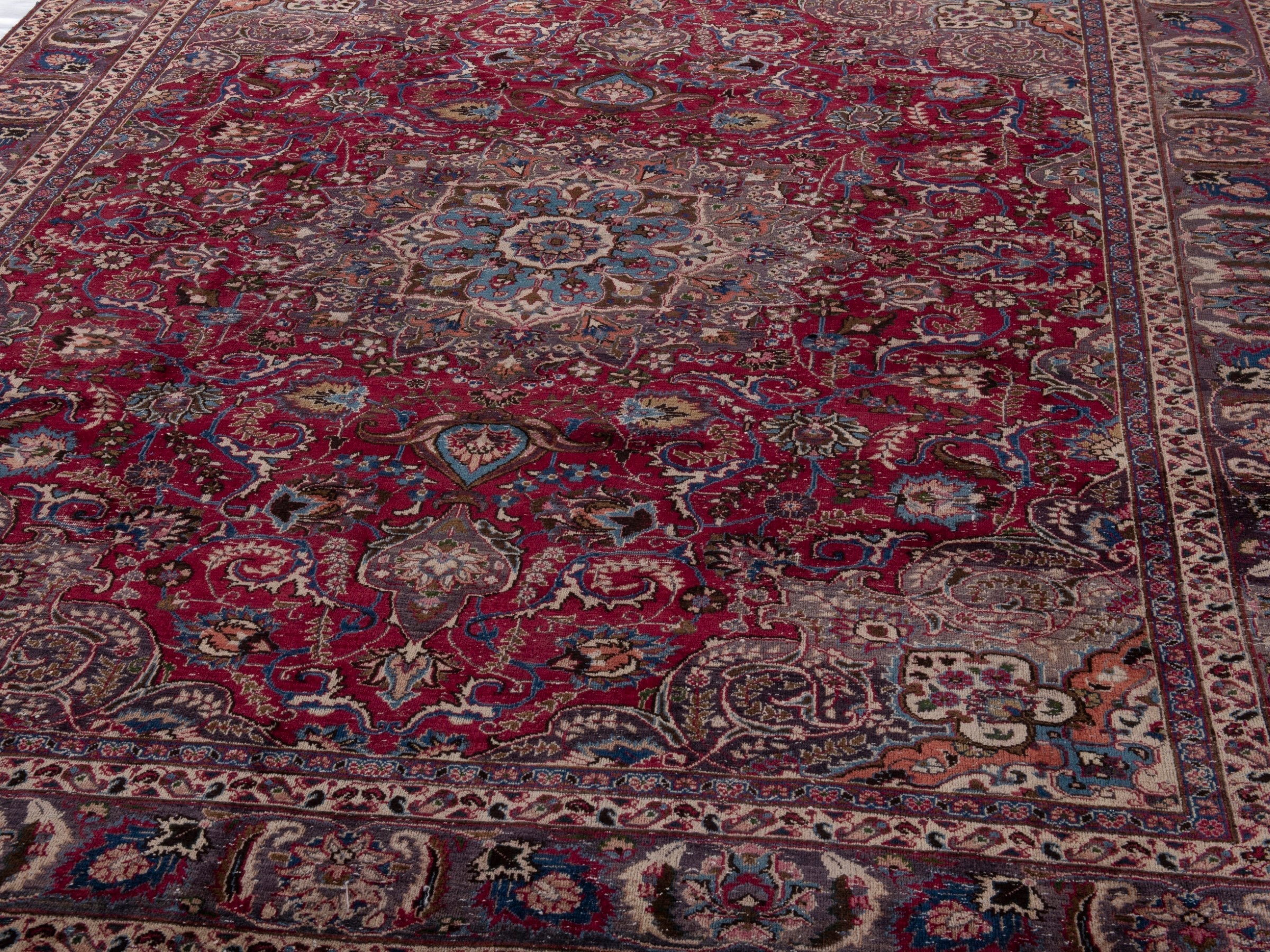 Persian Mashhad oversized rug in burgundy and faded red, view 9 of 23