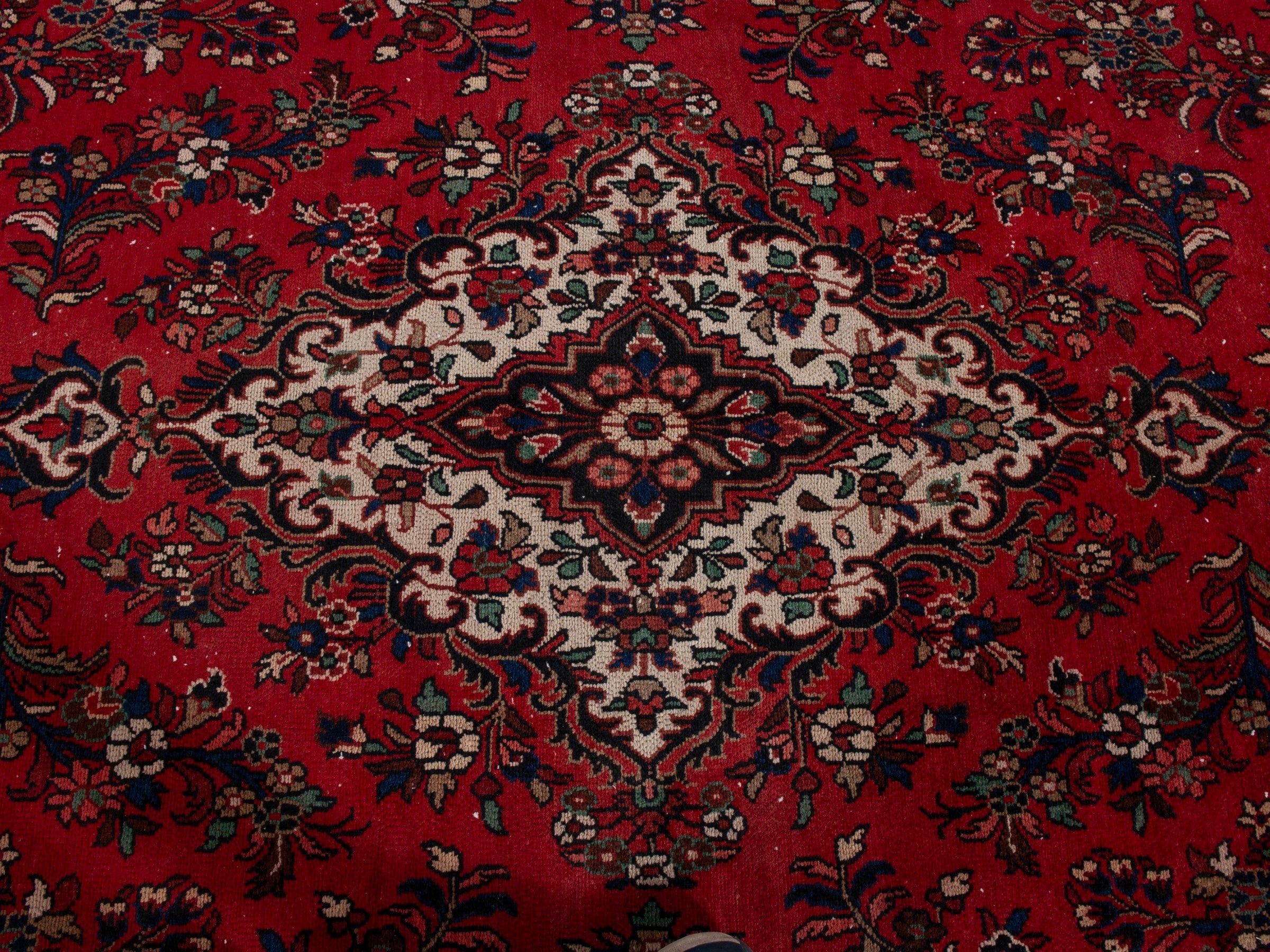 Persian Hamedan oversized rug in deep red and off-white, view 10 of 20