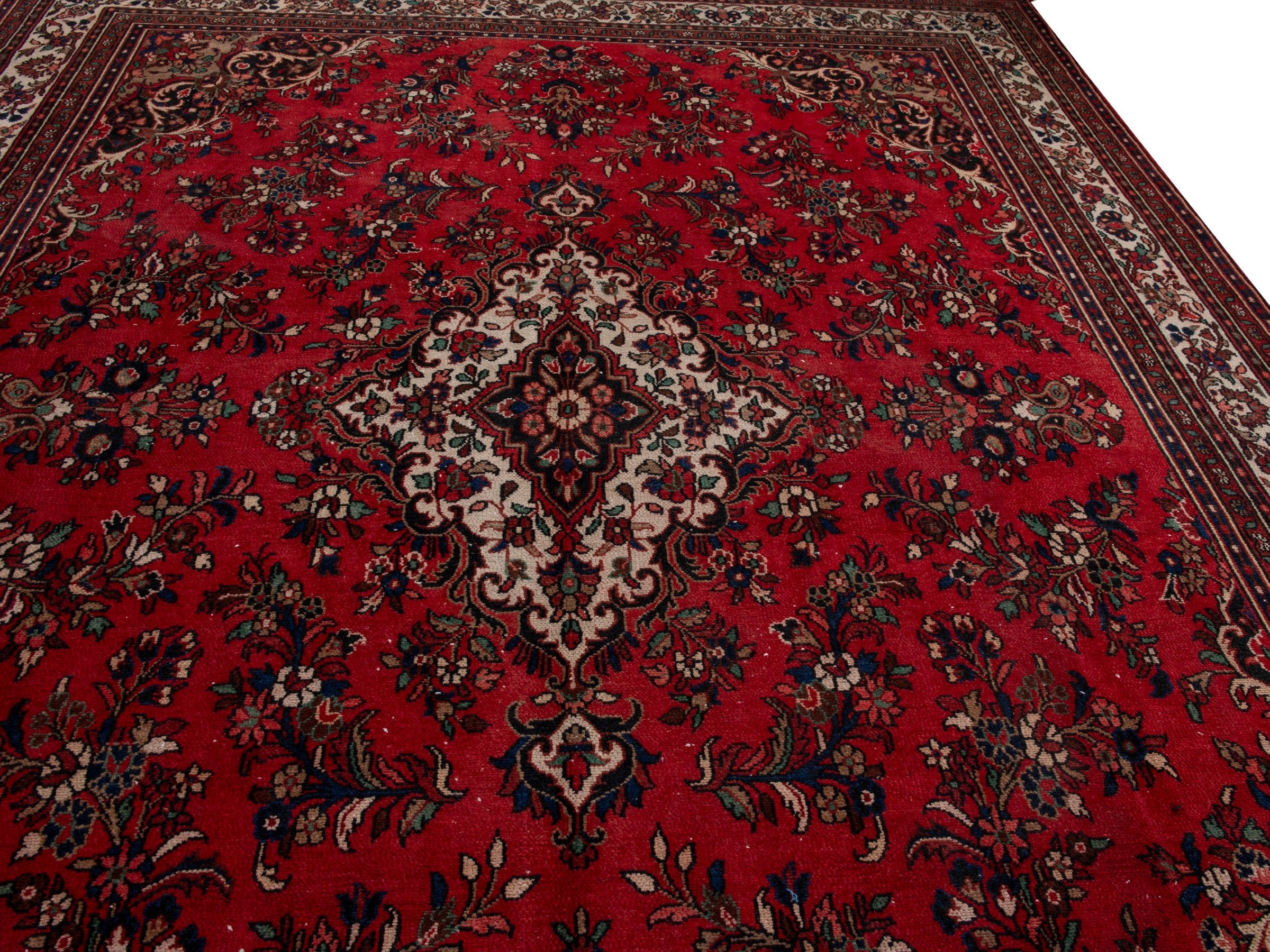 Persian Hamedan oversized rug in deep red and off-white, view 4 of 20