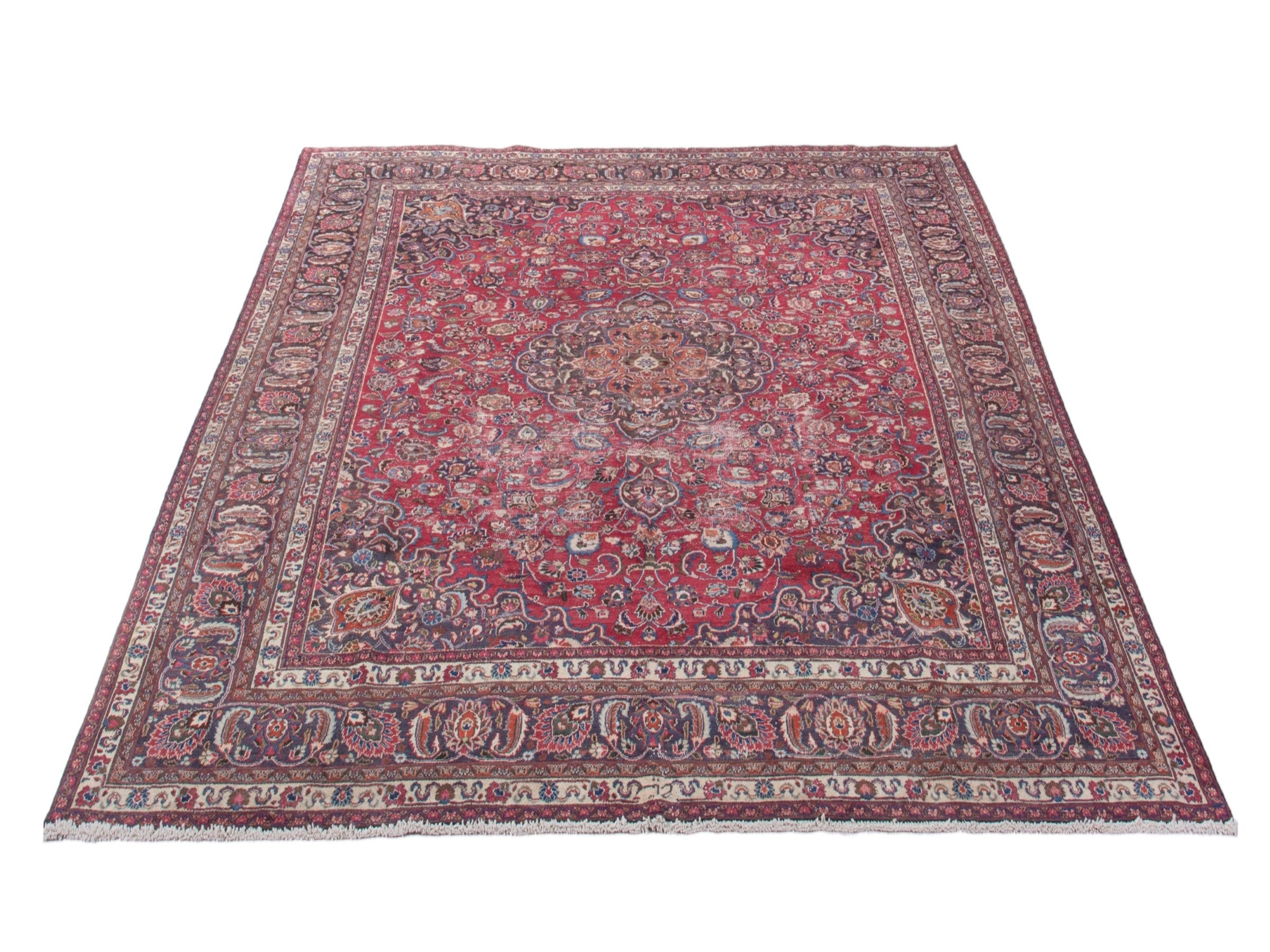 Persian Mashhad oversized rug in deep red and faded red, view 2 of 16