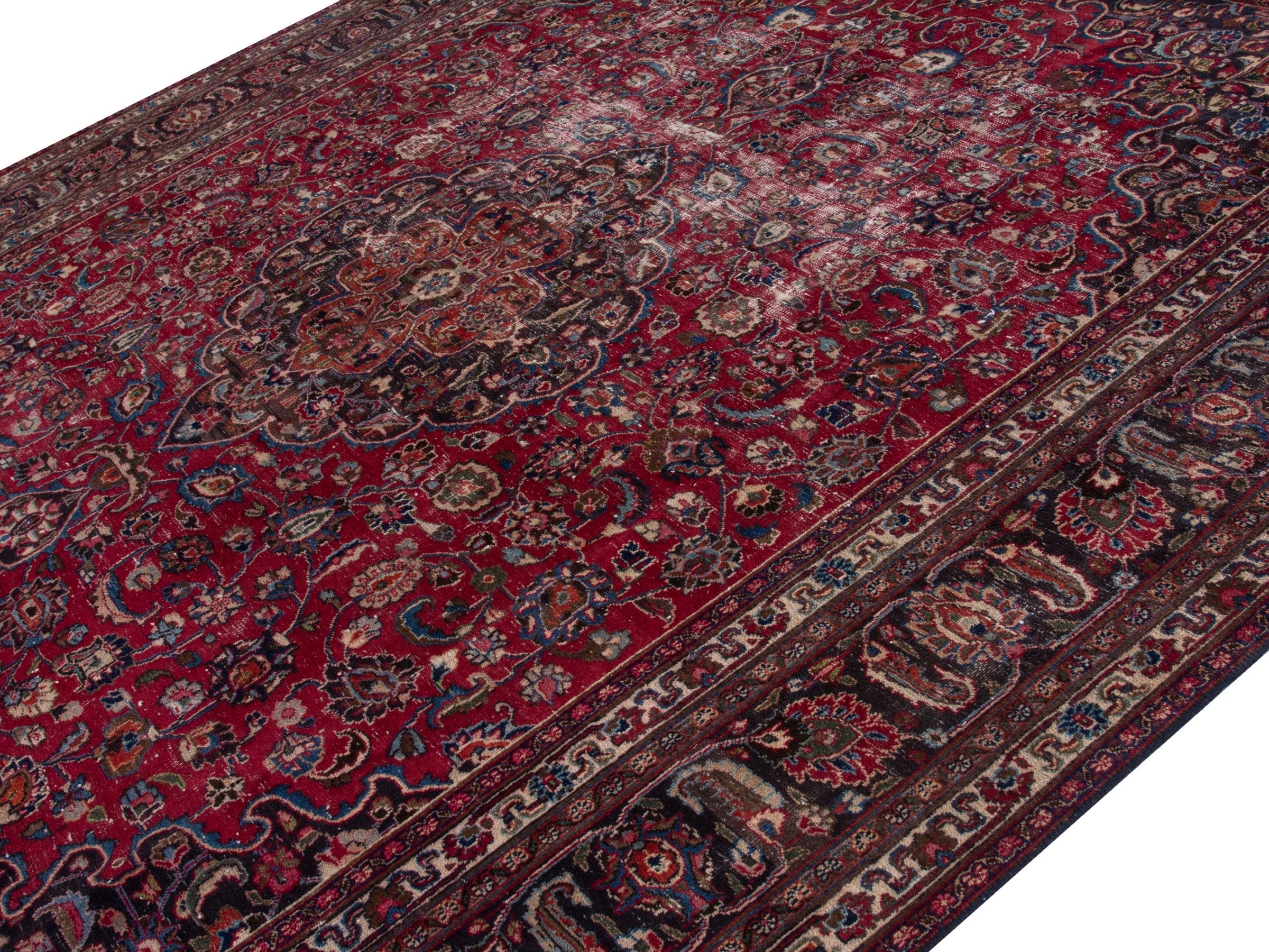 Persian Mashhad oversized rug in deep red and faded red, view 3 of 16