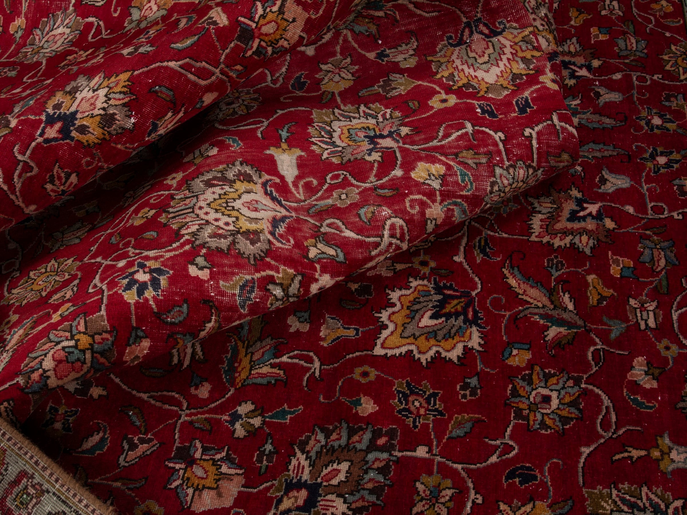 Persian Tabriz area rug in deep red and antique gold, view 16 of 20