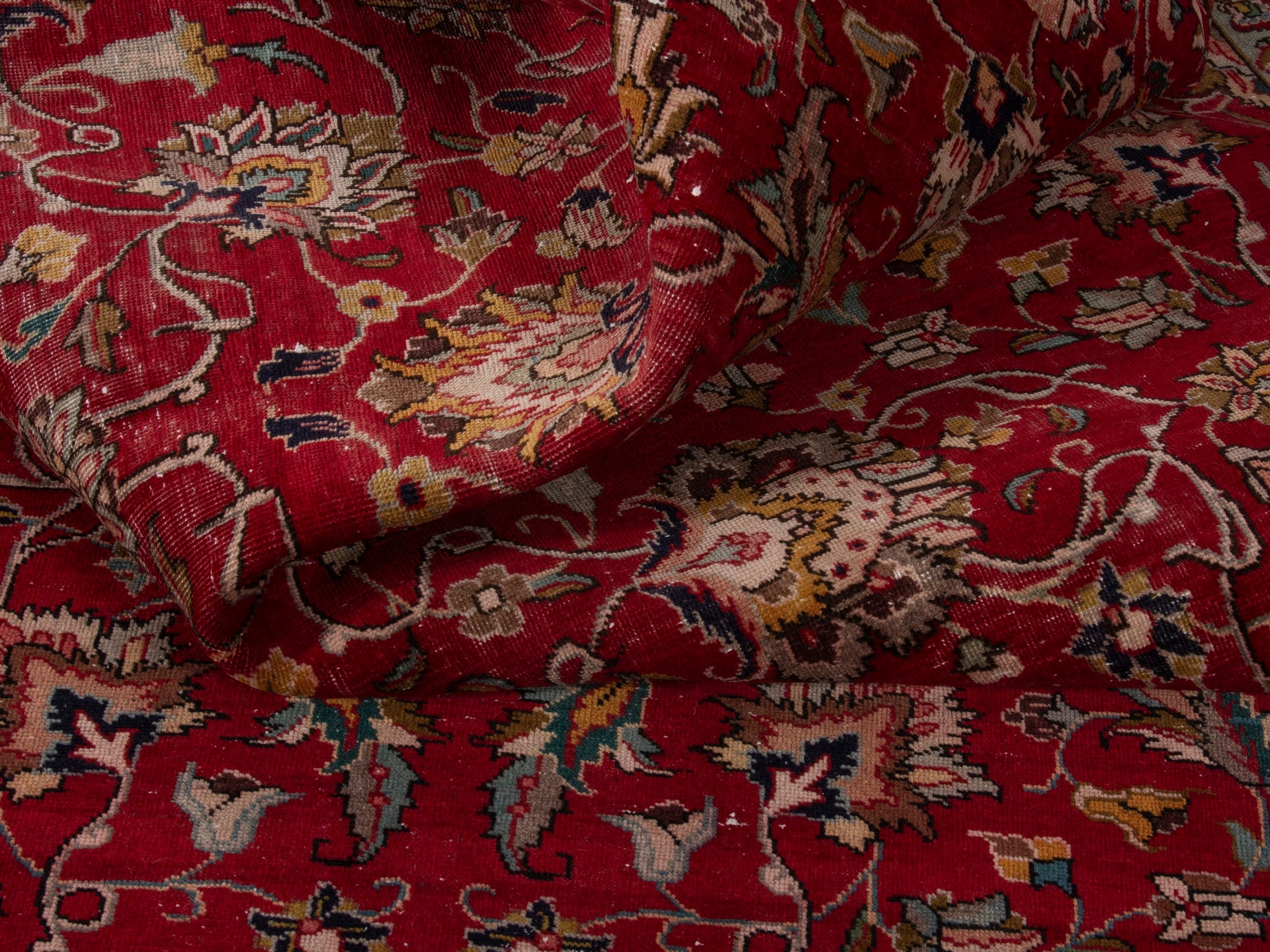 Persian Tabriz area rug in deep red and antique gold, view 17 of 20