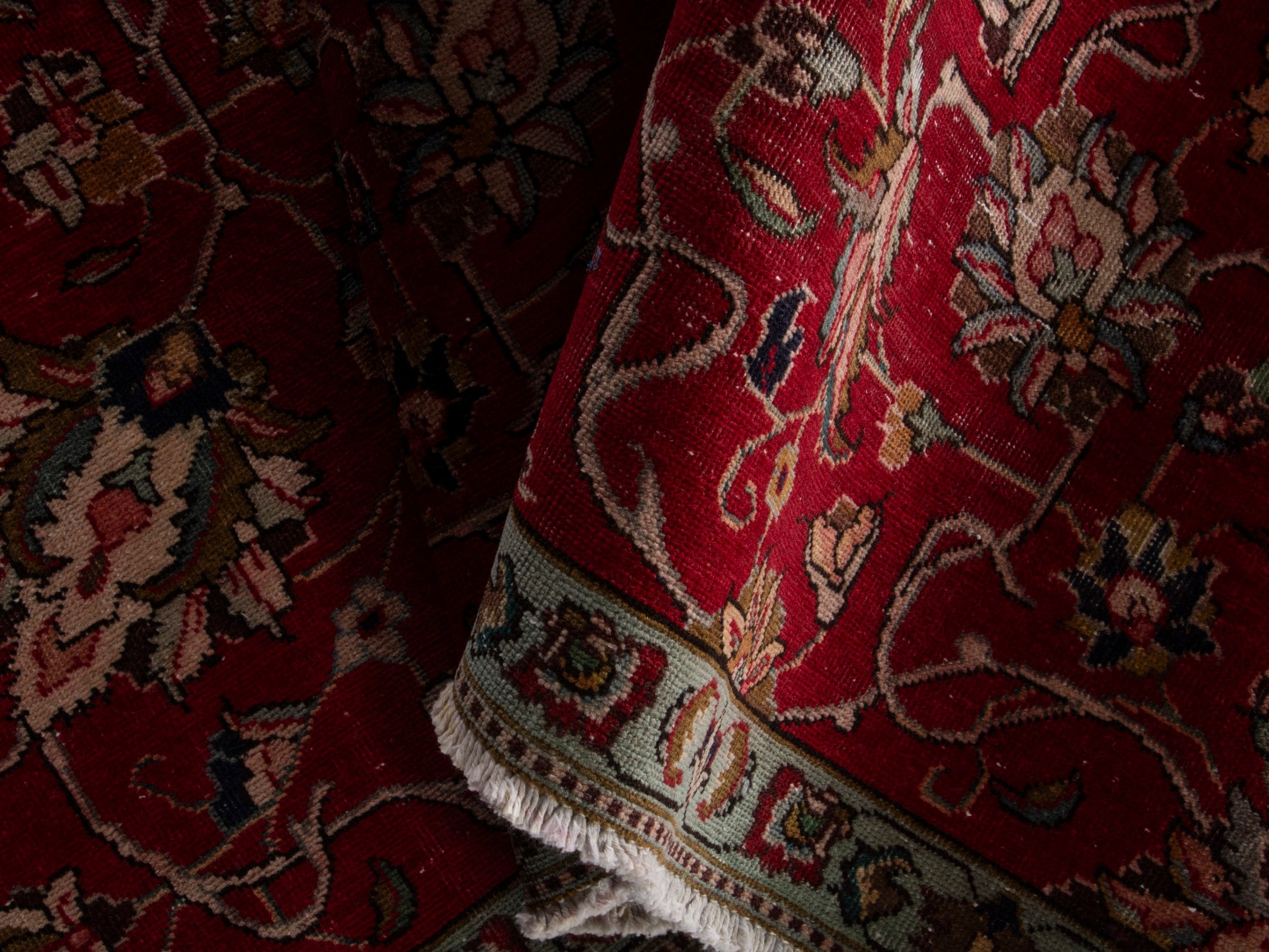 Persian Tabriz area rug in deep red and antique gold, view 19 of 20