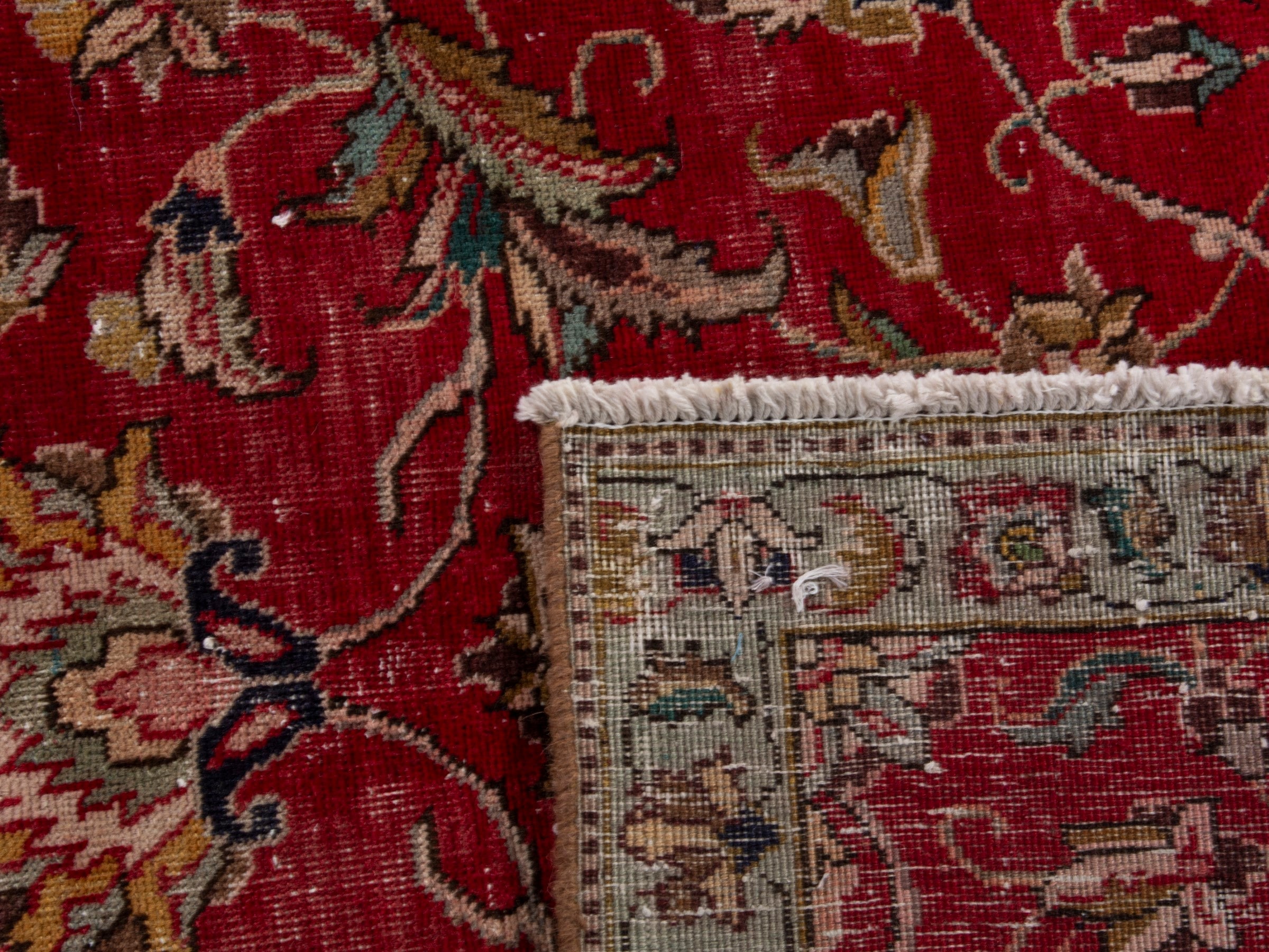 Persian Tabriz area rug in deep red and antique gold, view 20 of 20