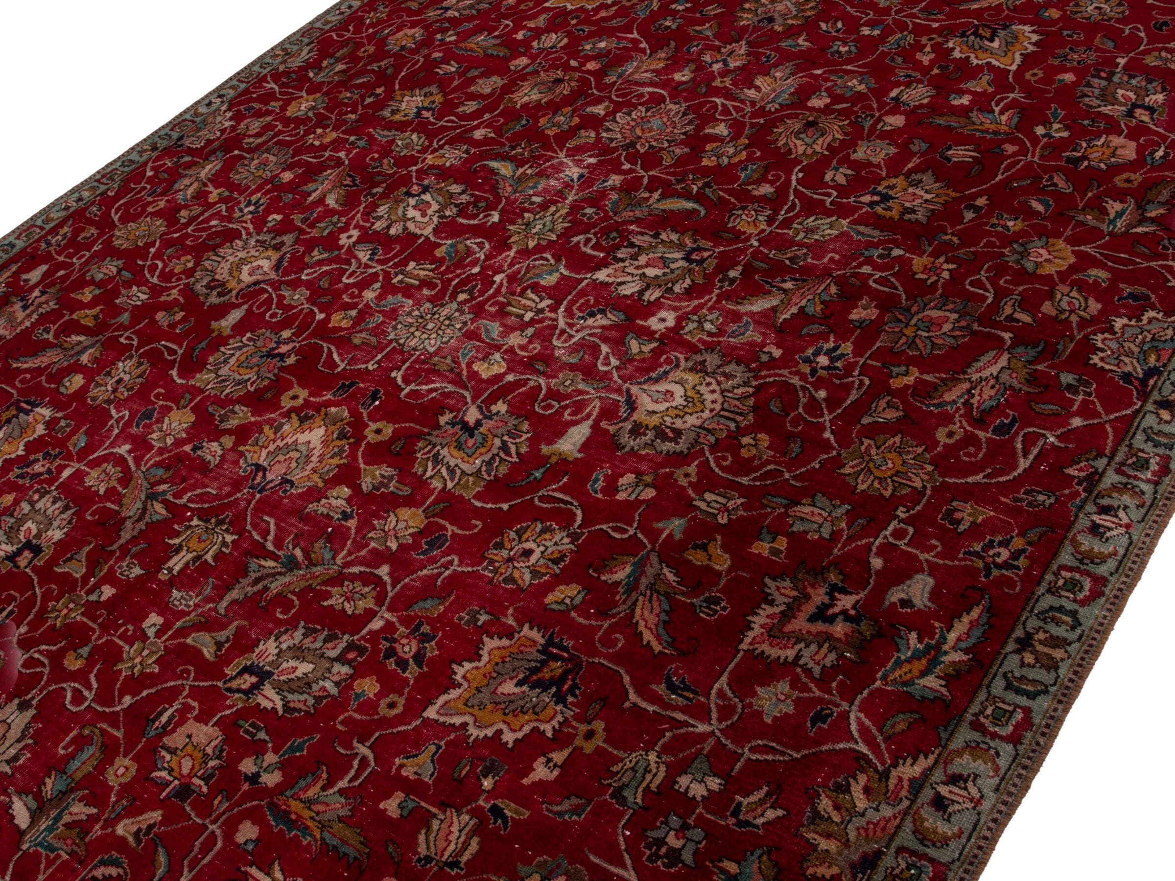 Persian Tabriz area rug in deep red and antique gold, view 4 of 20