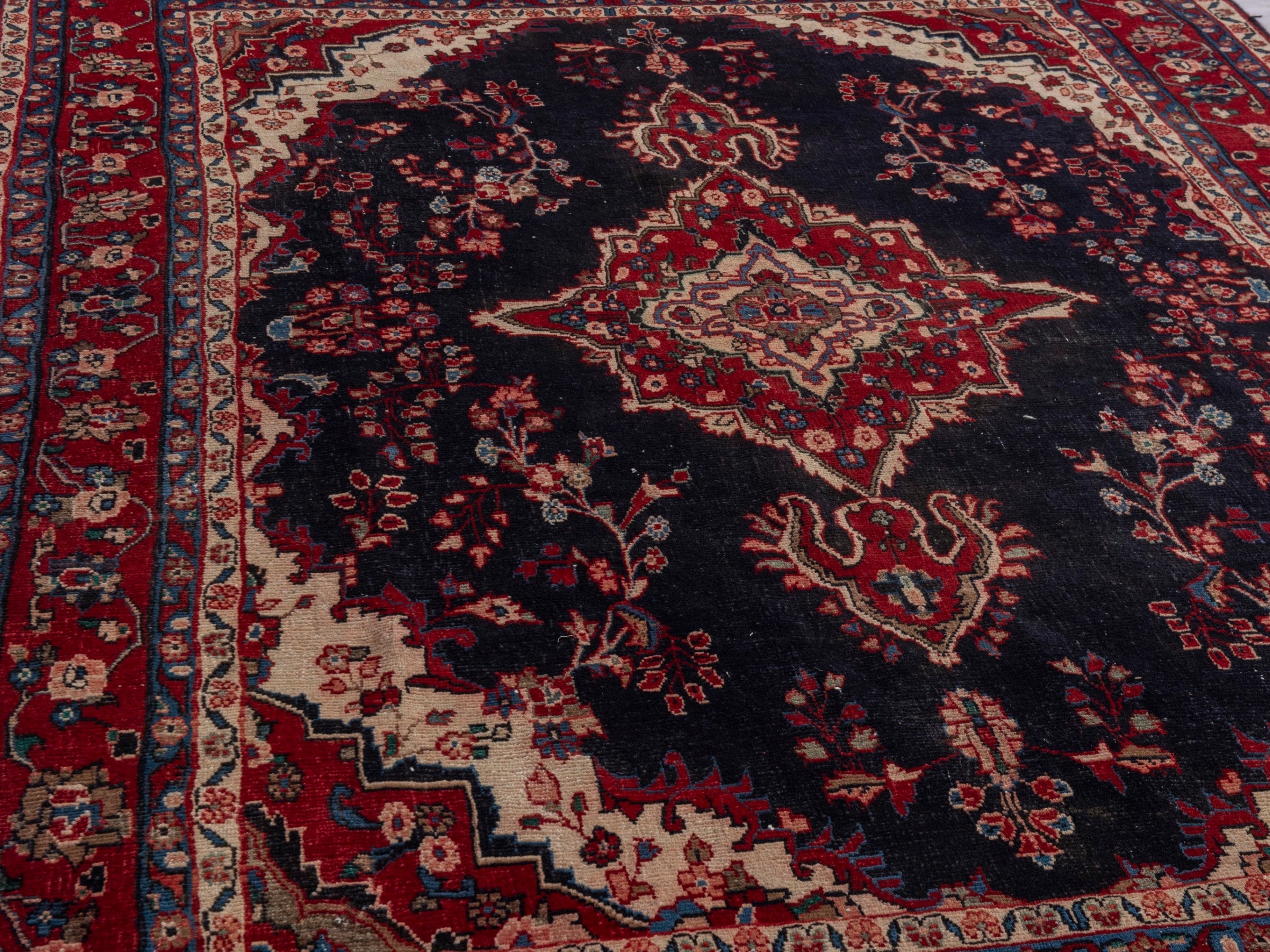 Persian Hamedan area rug in navy and burgundy, view 10 of 21