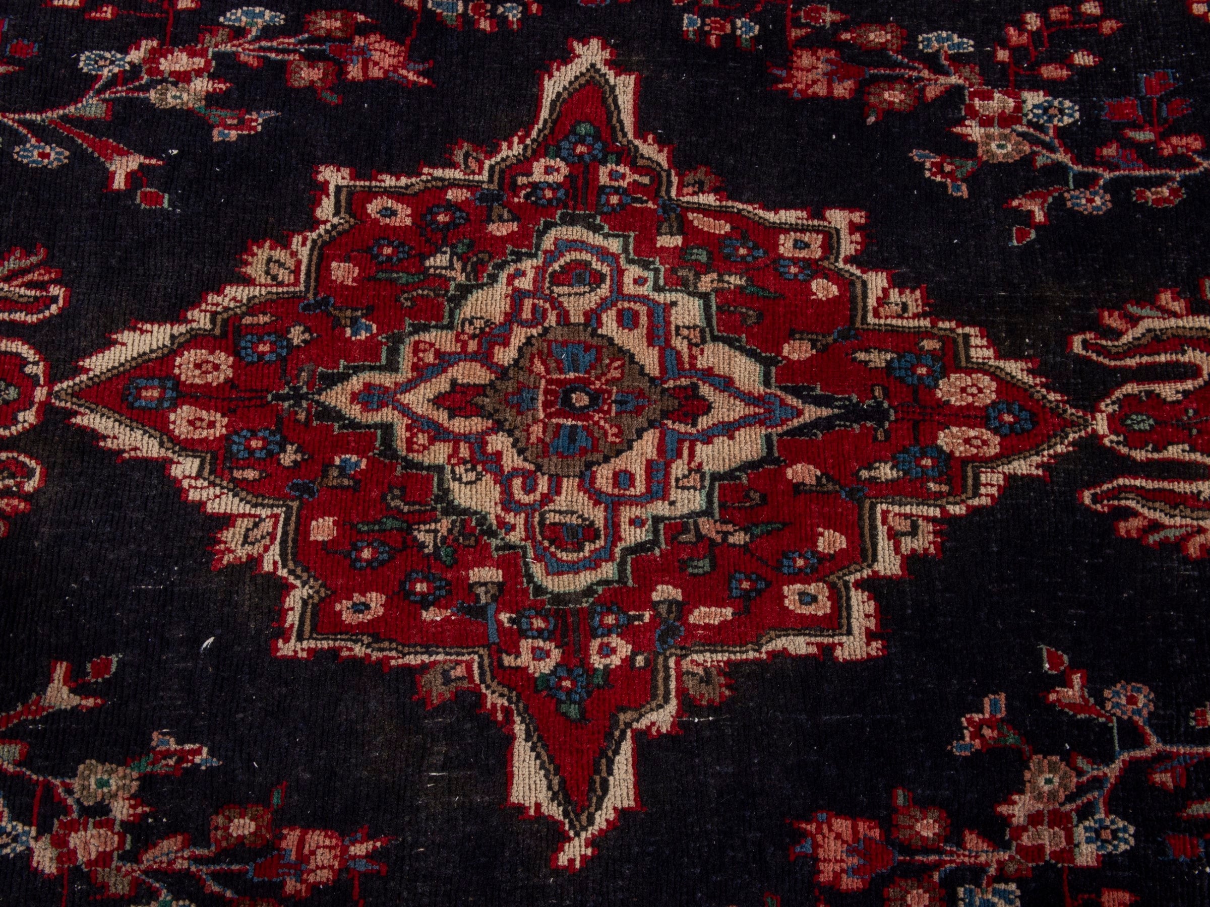 Persian Hamedan area rug in navy and burgundy, view 13 of 21