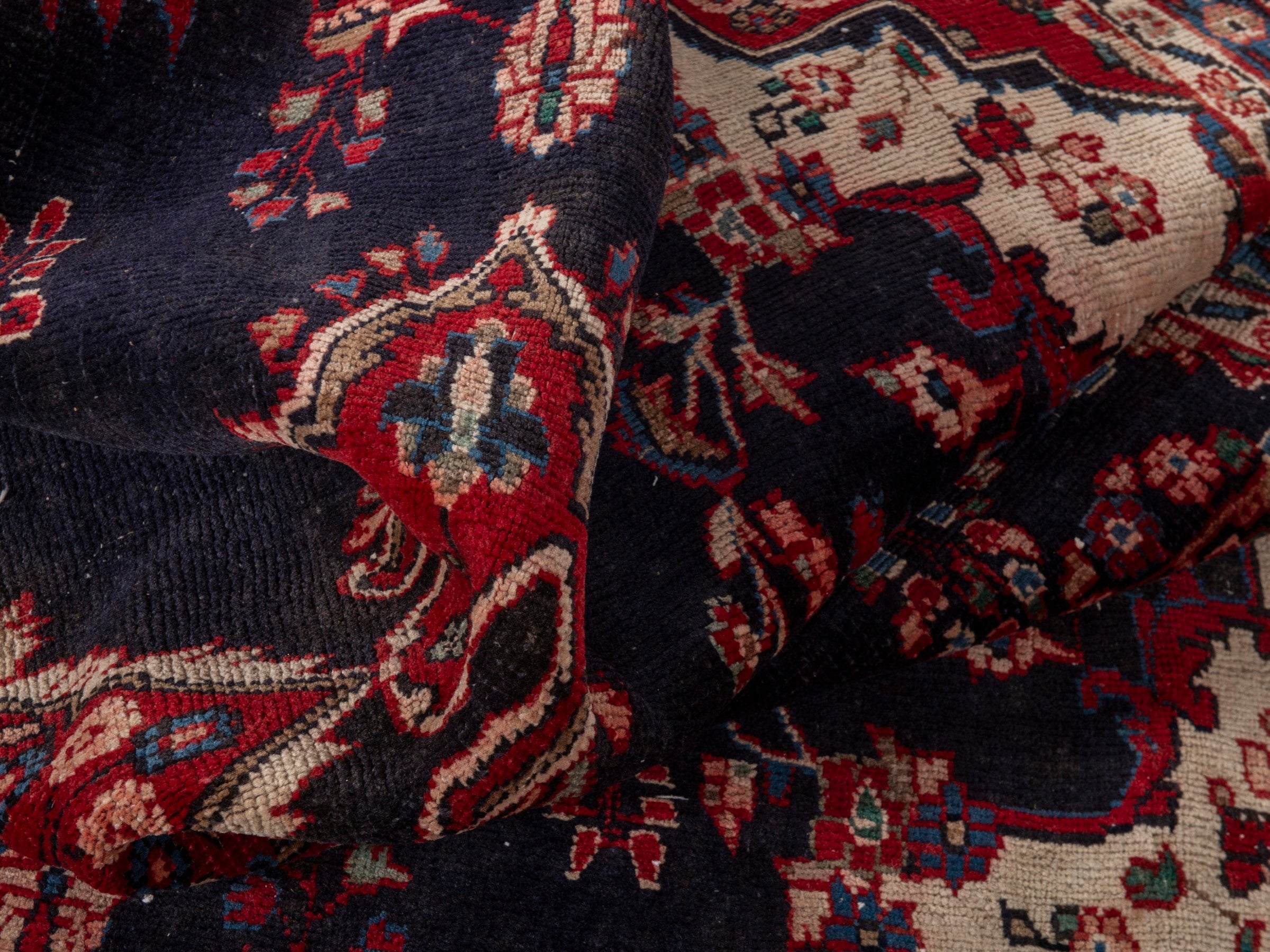 Persian Hamedan area rug in navy and burgundy, view 17 of 21