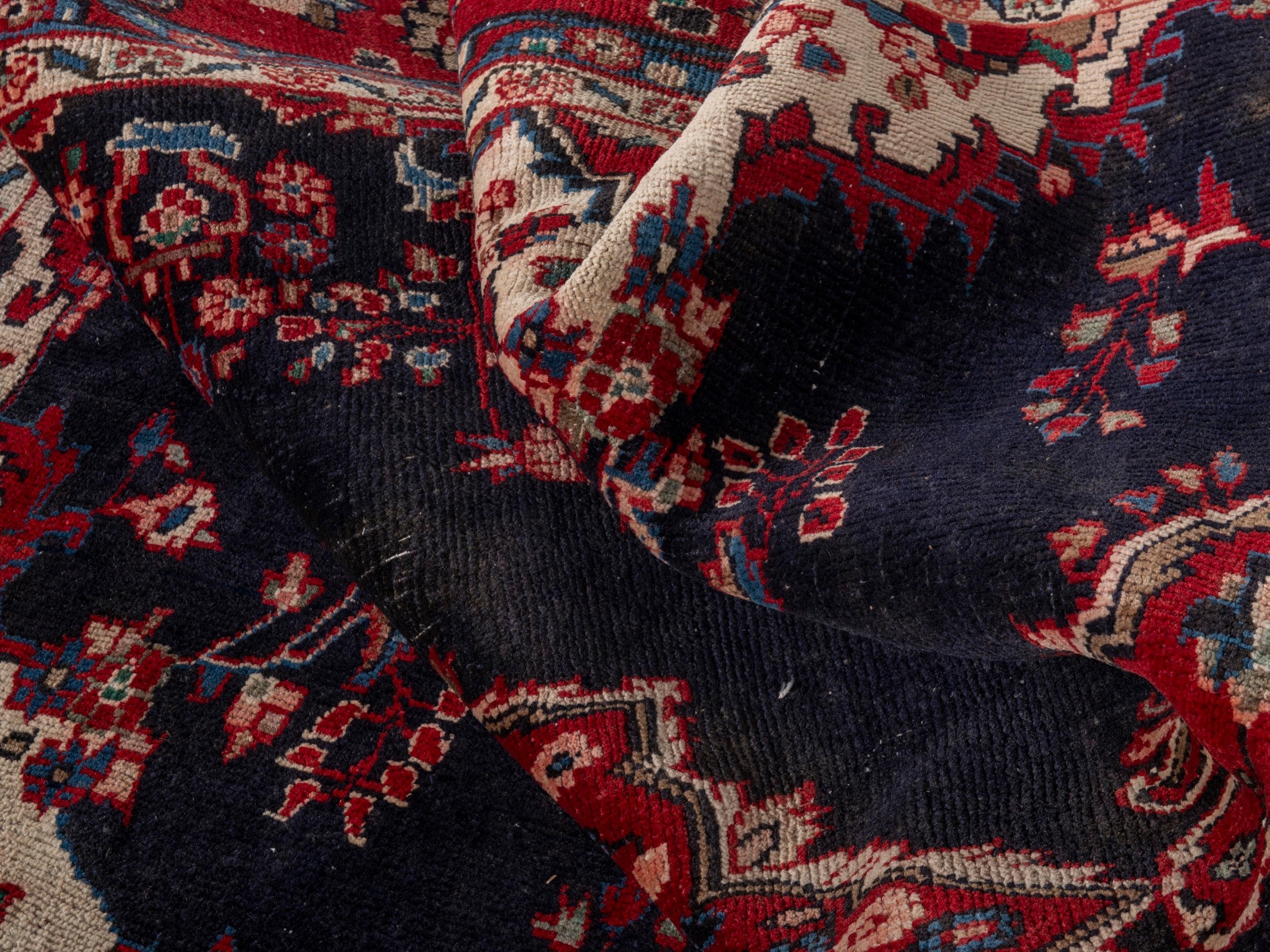 Persian Hamedan area rug in navy and burgundy, view 18 of 21