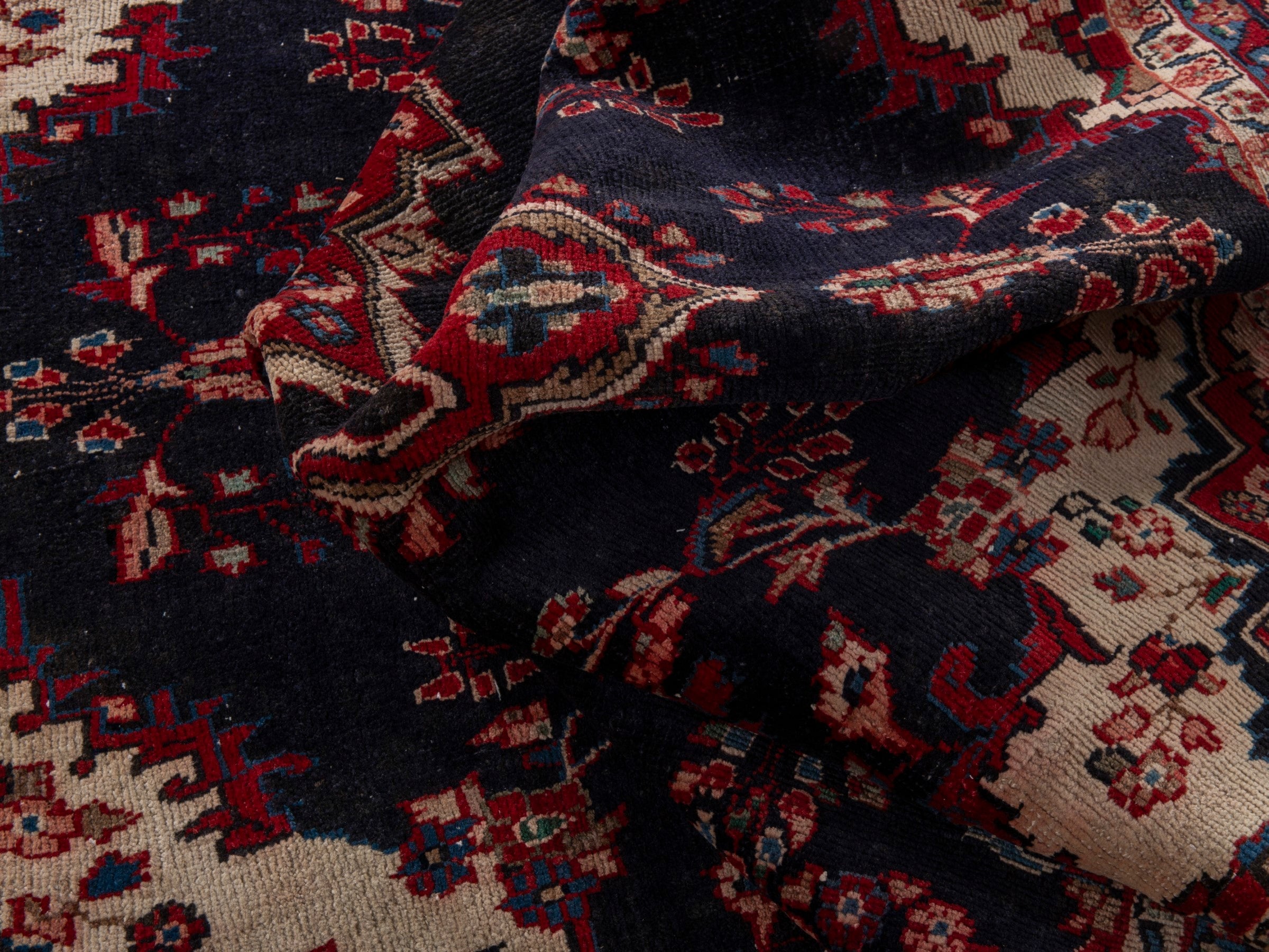 Persian Hamedan area rug in navy and burgundy, view 19 of 21