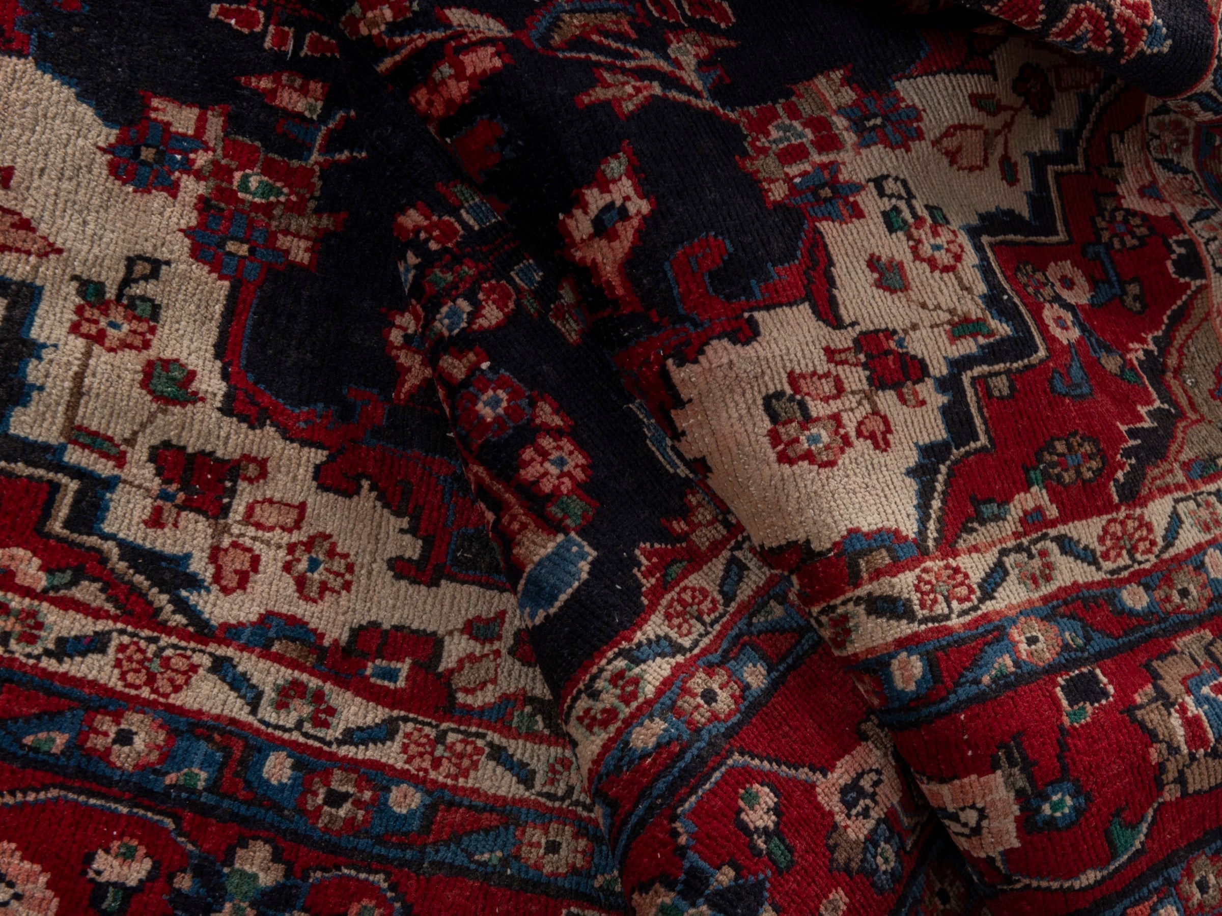 Persian Hamedan area rug in navy and burgundy, view 20 of 21