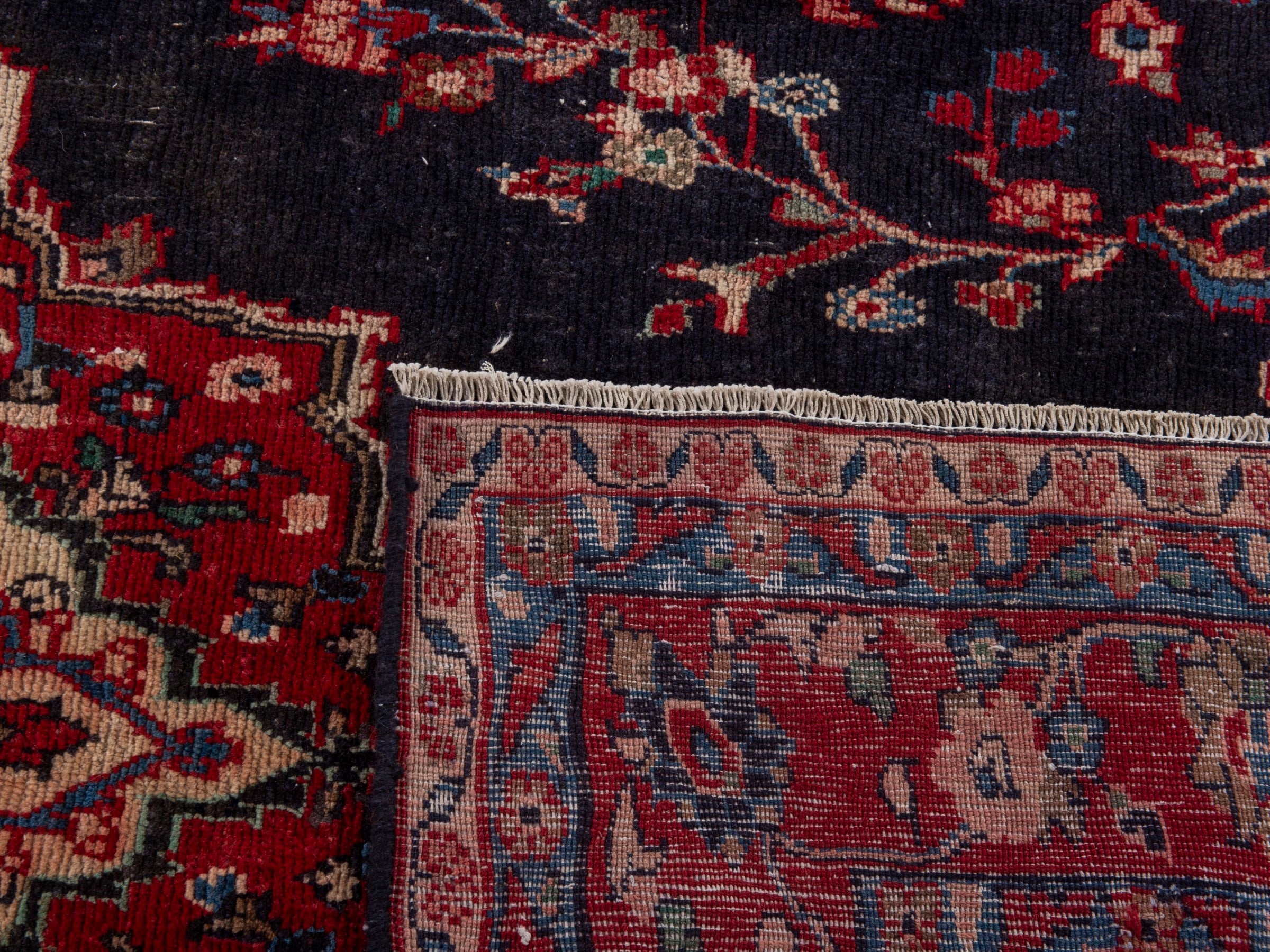Persian Hamedan area rug in navy and burgundy, view 21 of 21