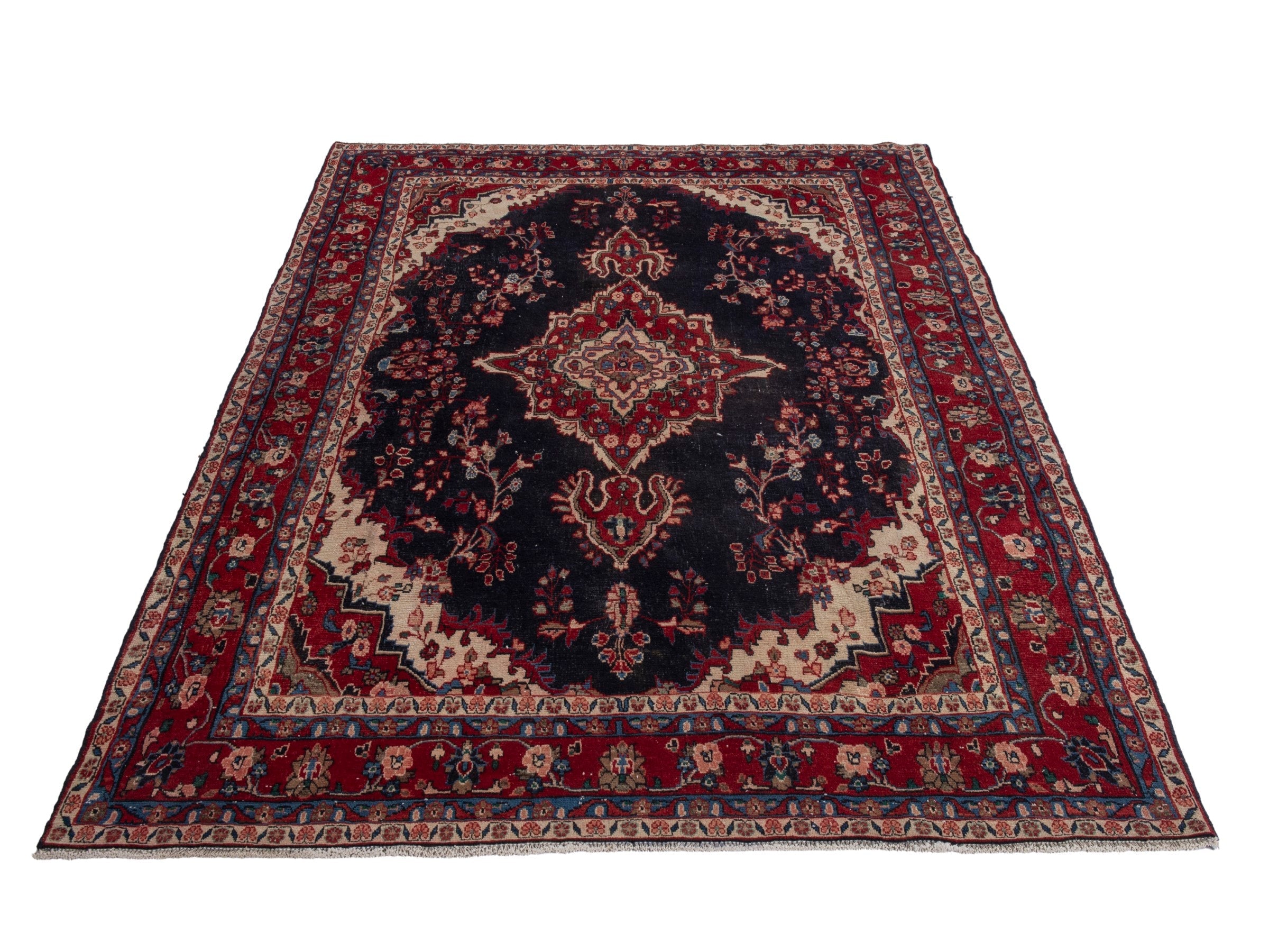 Persian Hamedan area rug in navy and burgundy, view 3 of 21