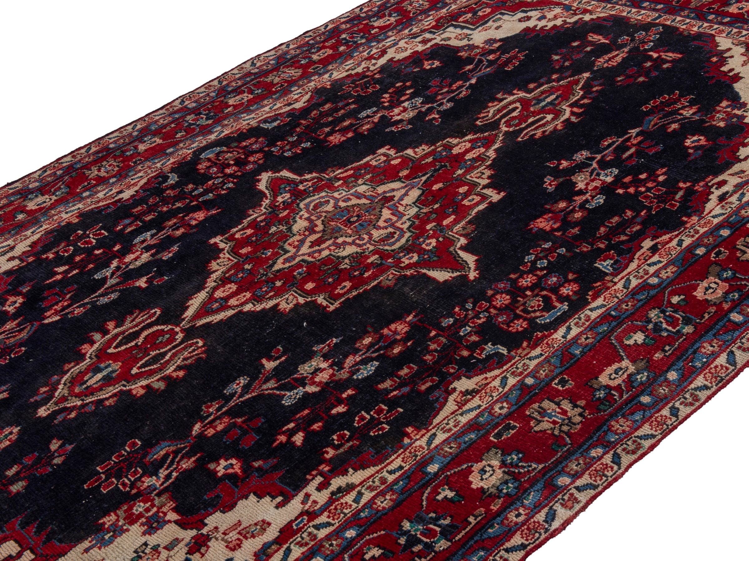 Persian Hamedan area rug in navy and burgundy, view 4 of 21