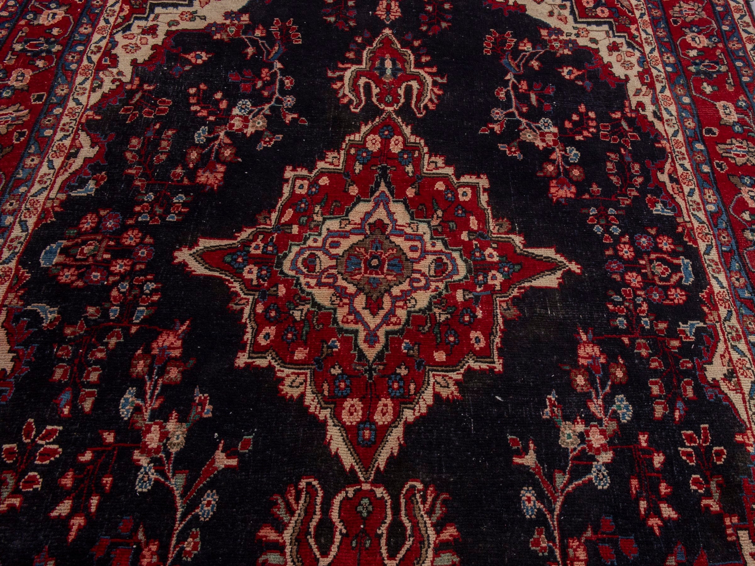Persian Hamedan area rug in navy and burgundy, view 7 of 21