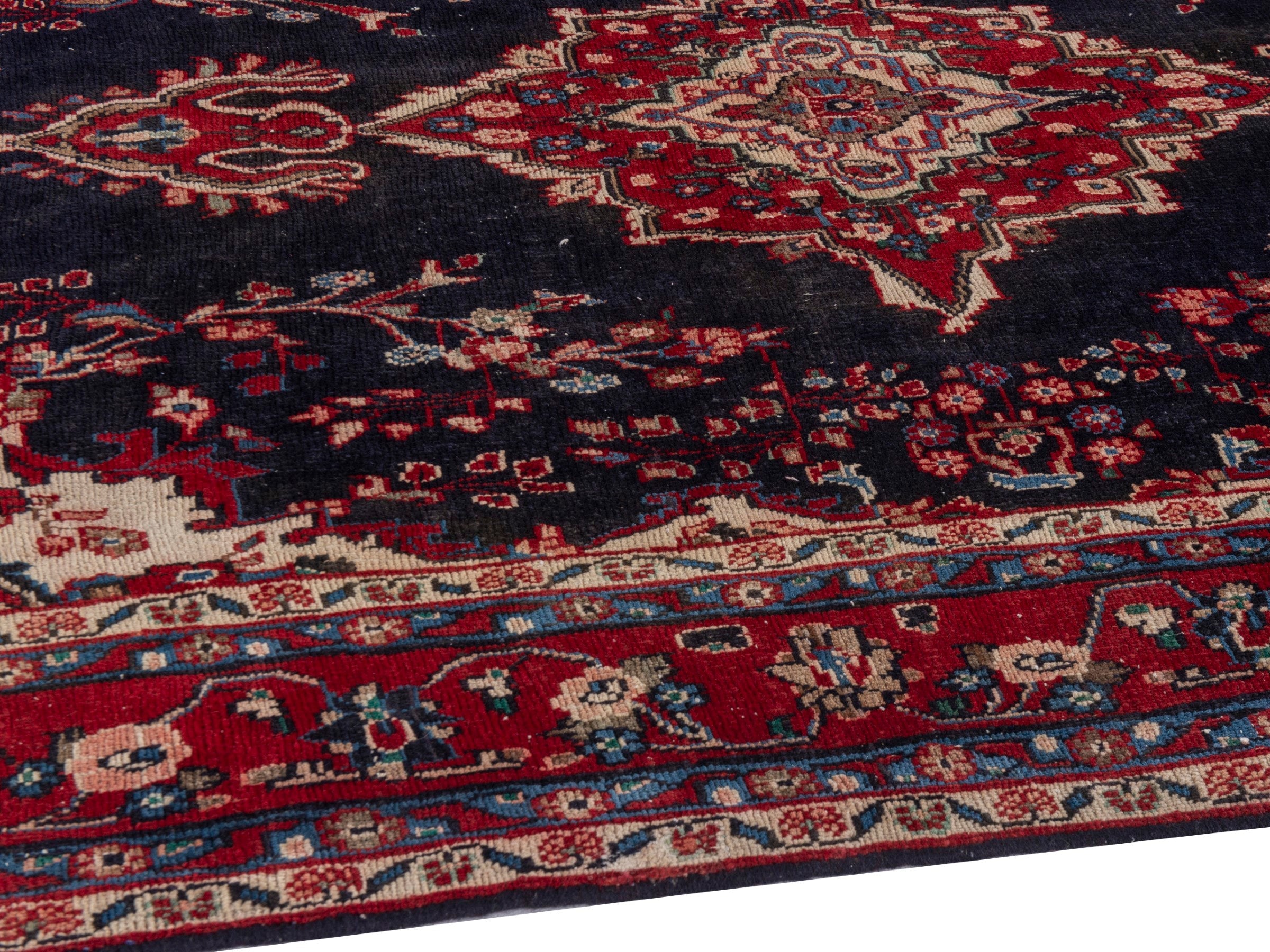 Persian Hamedan area rug in navy and burgundy, view 8 of 21