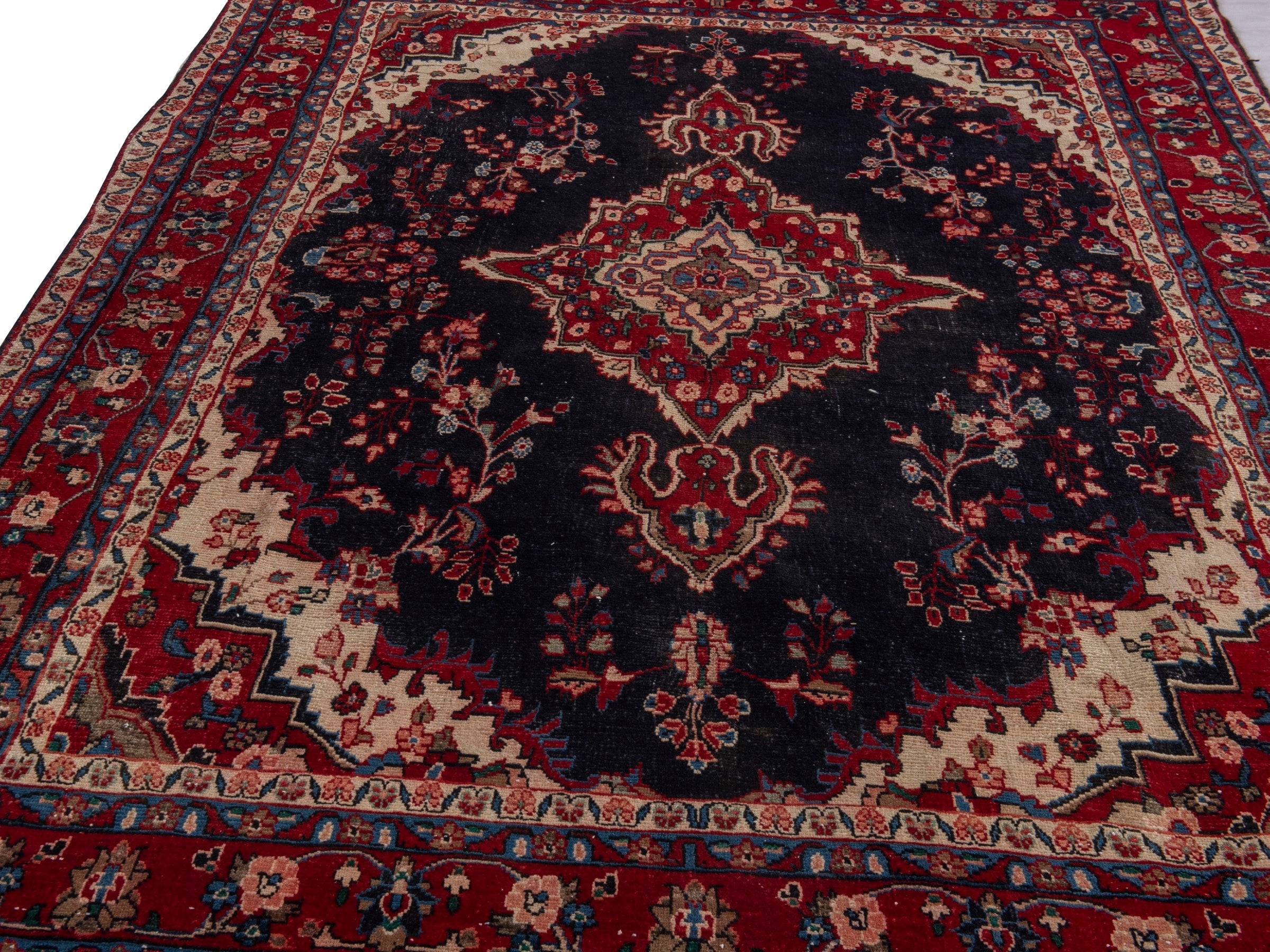 Persian Hamedan area rug in navy and burgundy, view 9 of 21