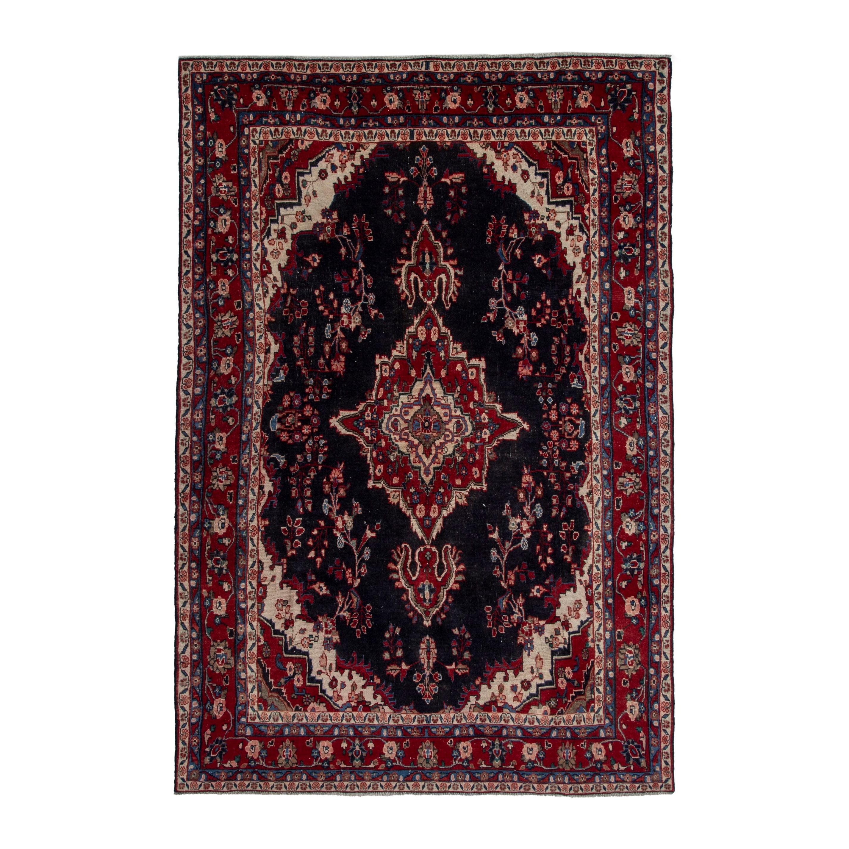 Persian Hamedan area rug in navy and burgundy, 6'11" x 10'3"