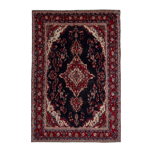 Persian Hamedan area rug in navy and burgundy, 6'11" x 10'3"