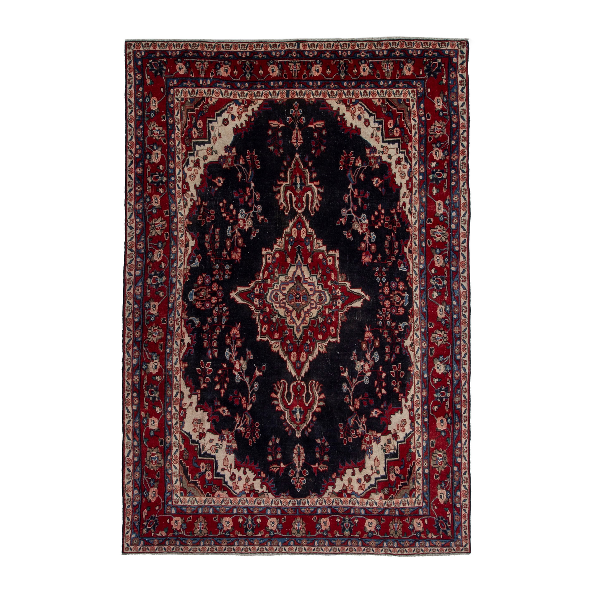 Persian Hamedan area rug in navy and burgundy, 6'11" x 10'3"