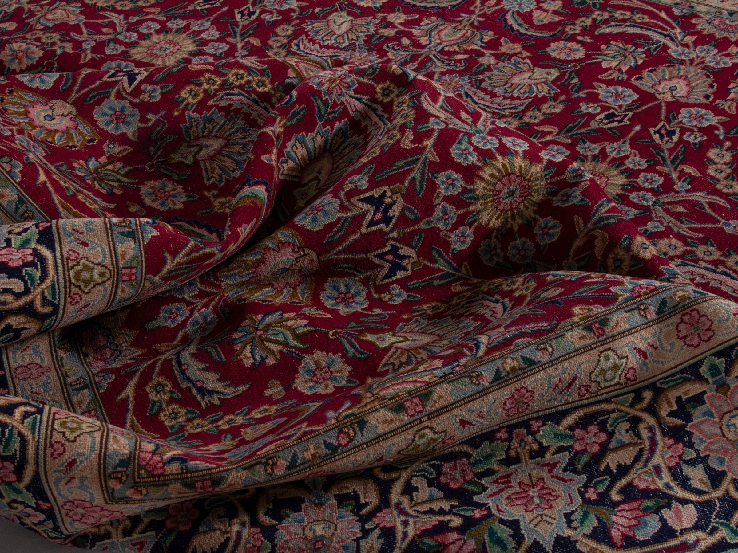 Persian Kerman oversized rug in deep red and navy, view 19 of 20