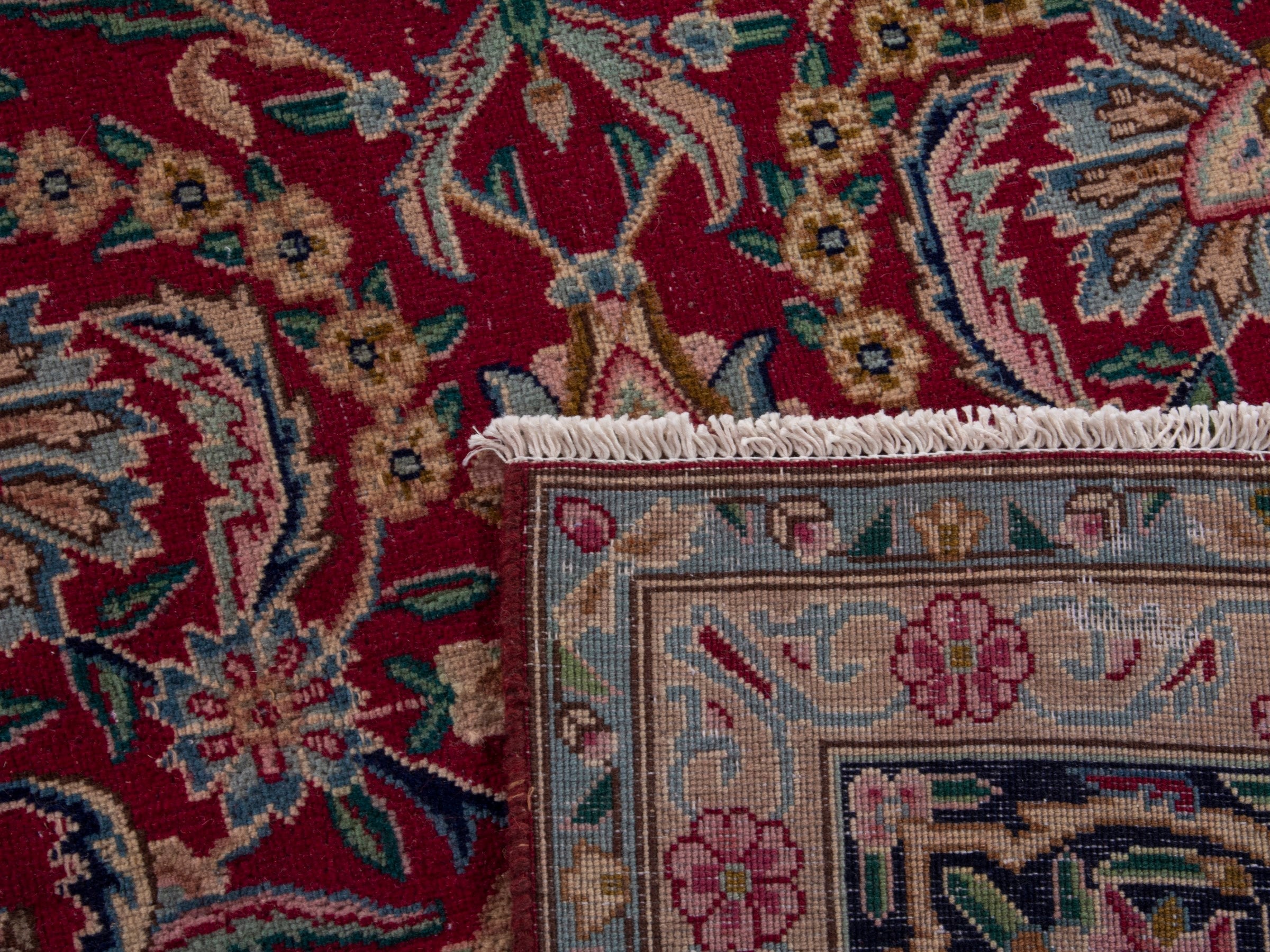 Persian Kerman oversized rug in deep red and navy, view 20 of 20
