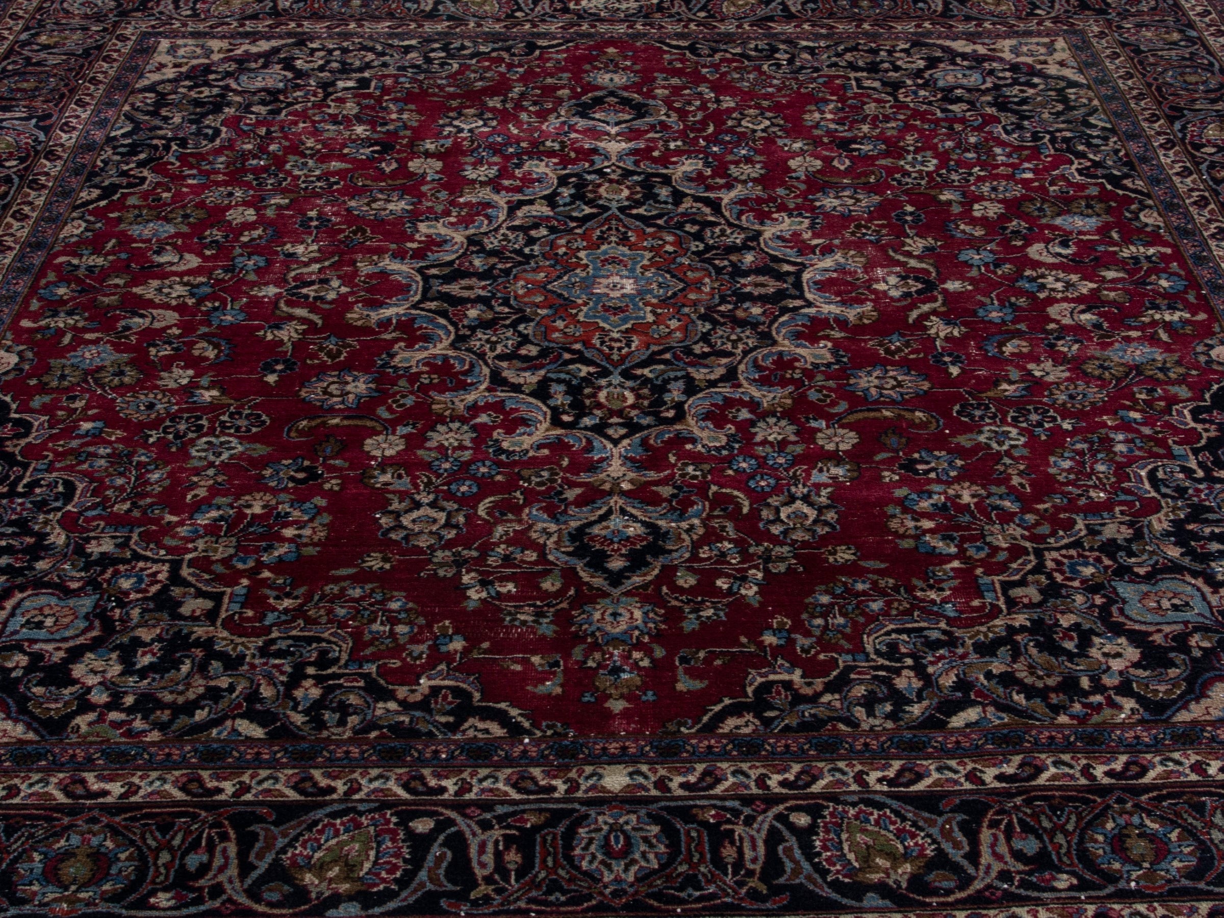Persian Mashhad oversized rug in burgundy and navy, view 11 of 21