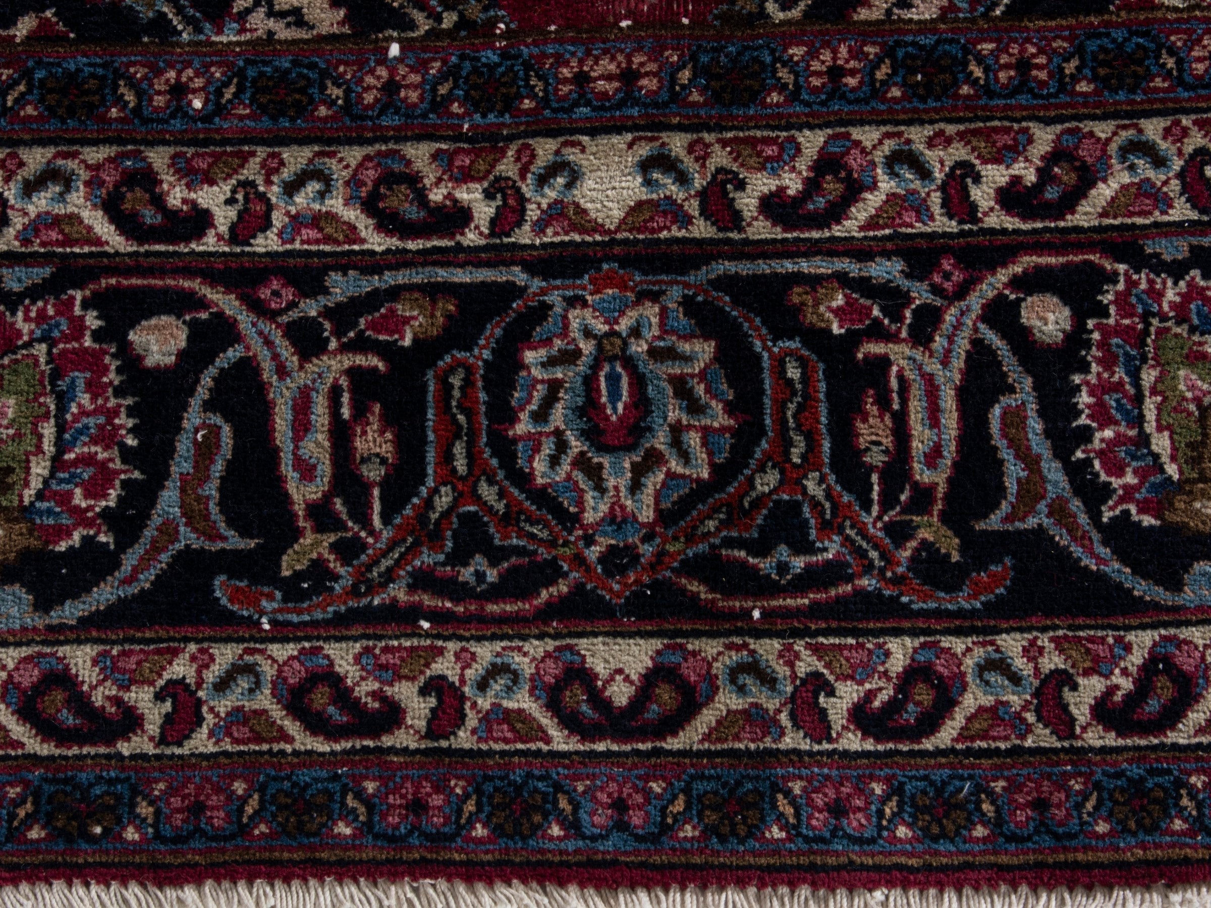 Persian Mashhad oversized rug in burgundy and navy, view 12 of 21