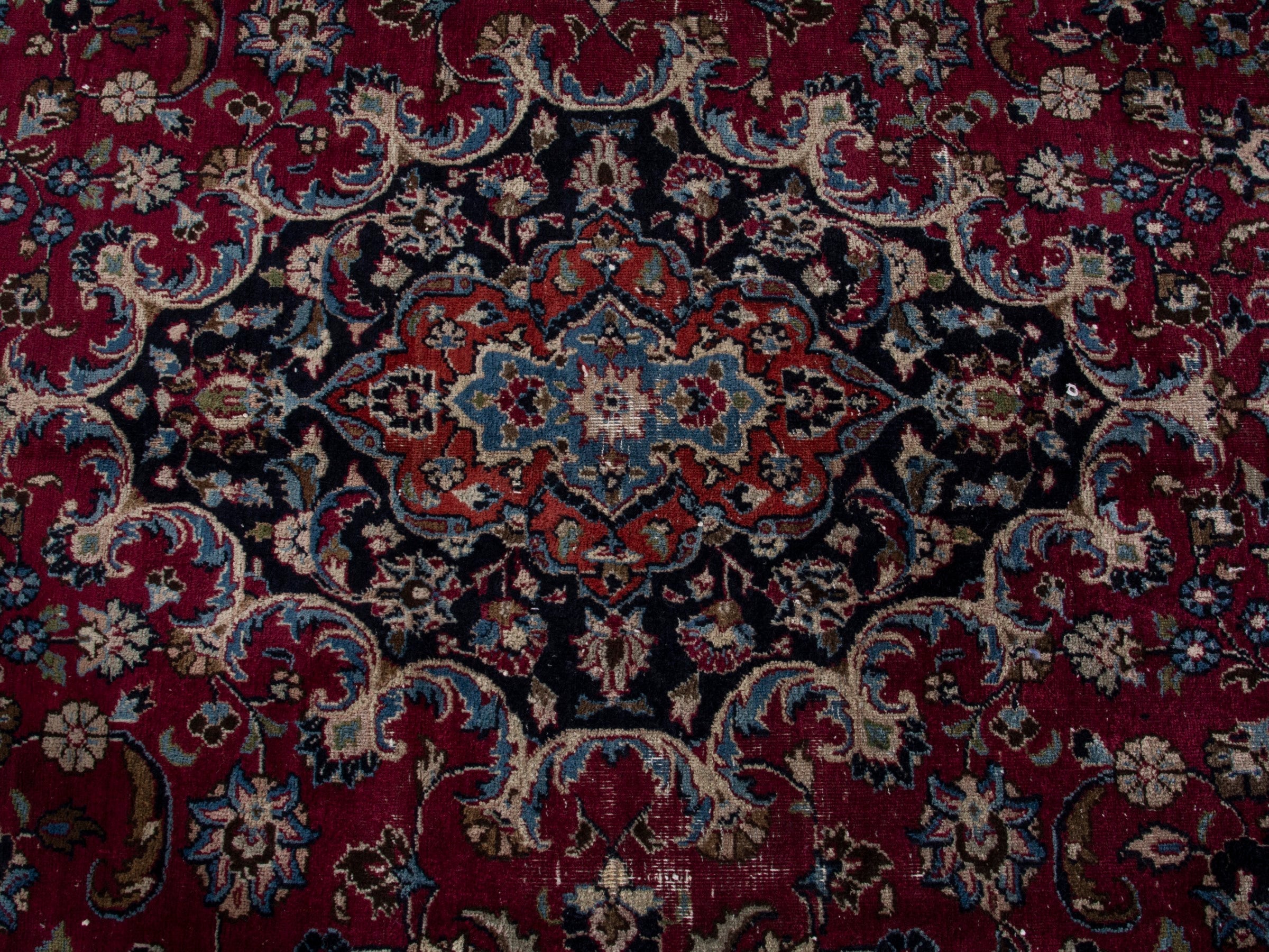Persian Mashhad oversized rug in burgundy and navy, view 14 of 21