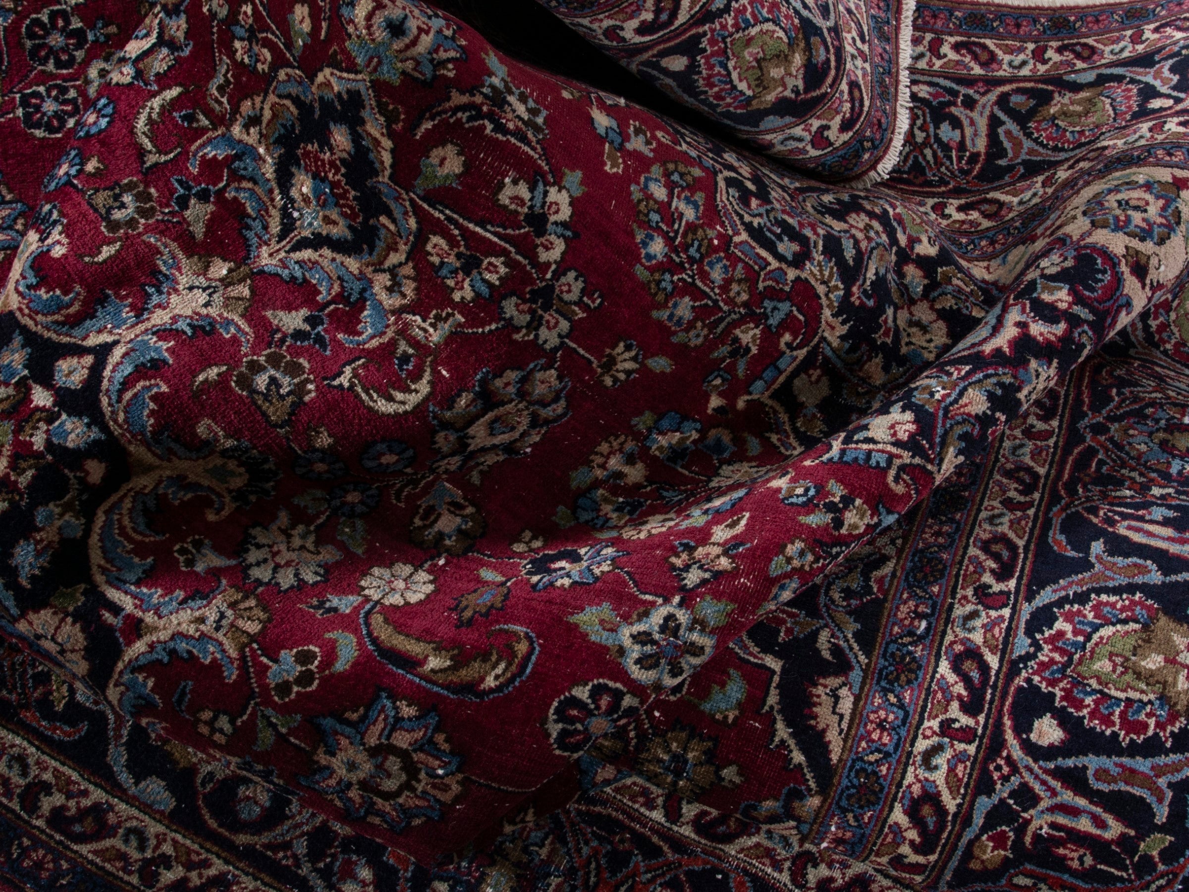 Persian Mashhad oversized rug in burgundy and navy, view 18 of 21
