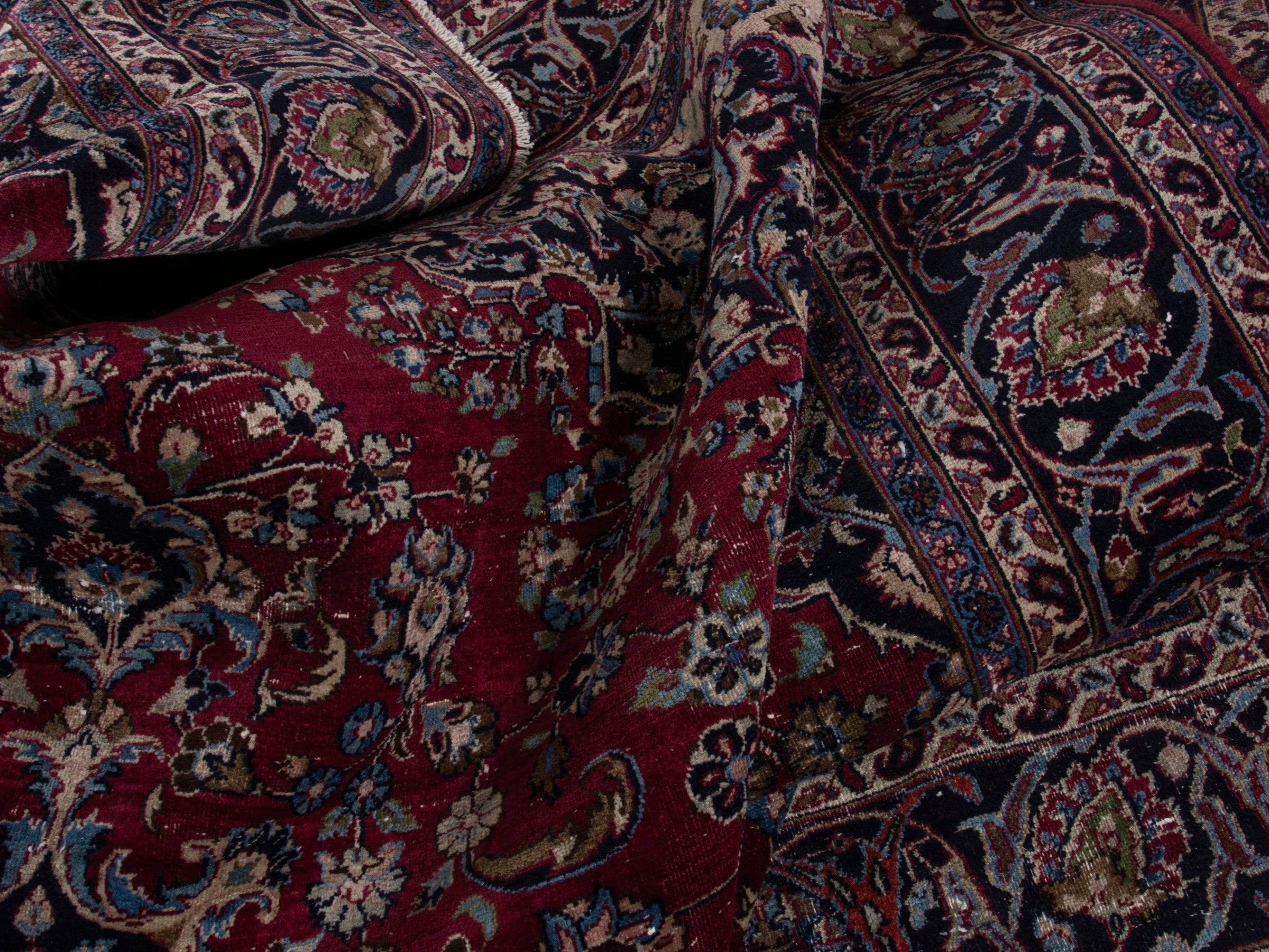 Persian Mashhad oversized rug in burgundy and navy, view 20 of 21
