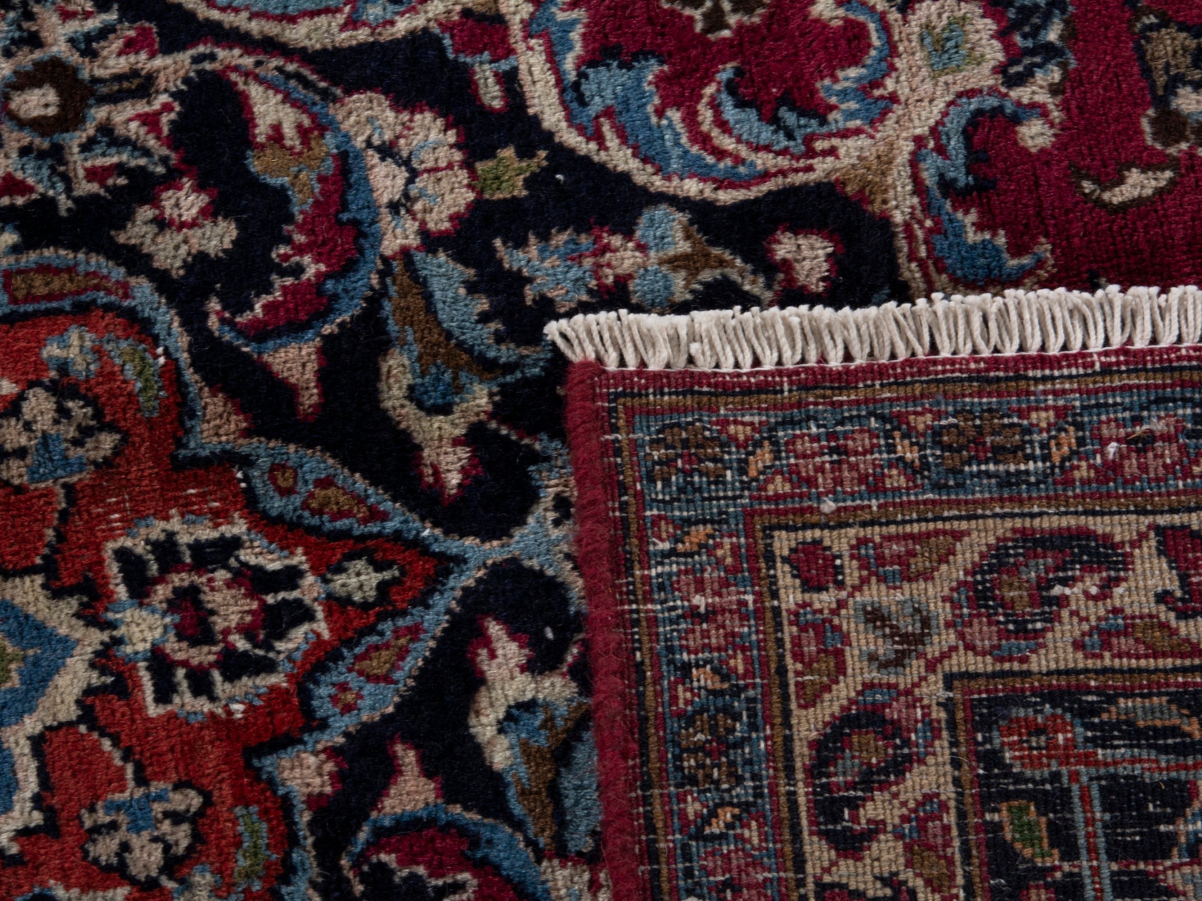 Persian Mashhad oversized rug in burgundy and navy, view 21 of 21