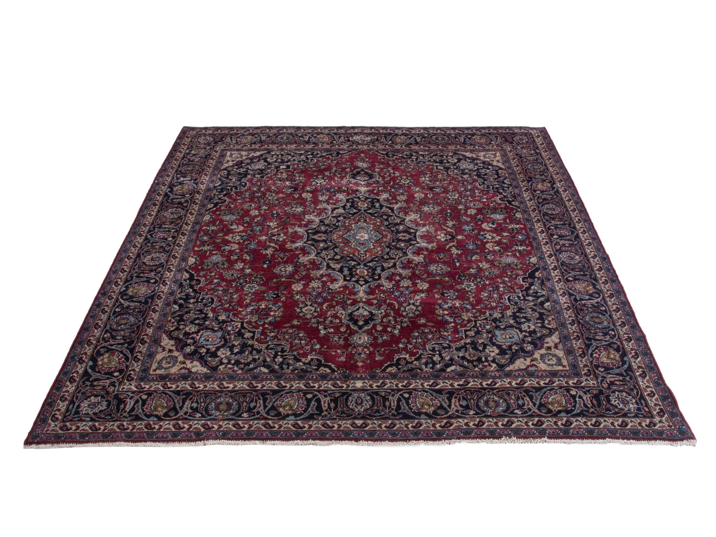 Persian Mashhad oversized rug in burgundy and navy, view 2 of 21