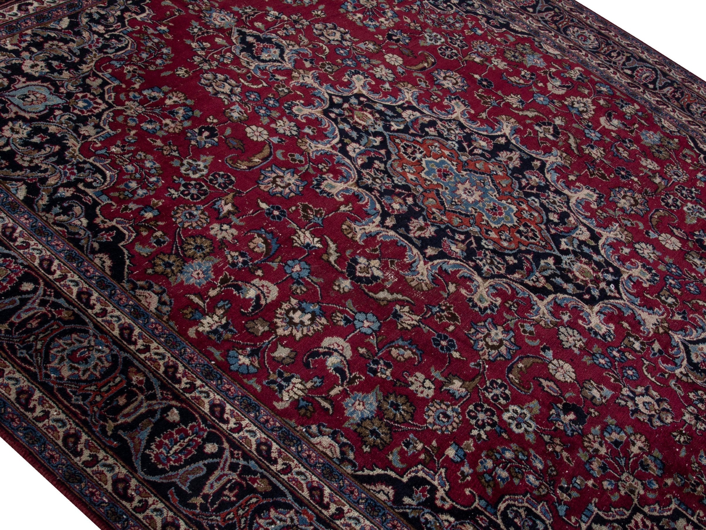 Persian Mashhad oversized rug in burgundy and navy, view 4 of 21