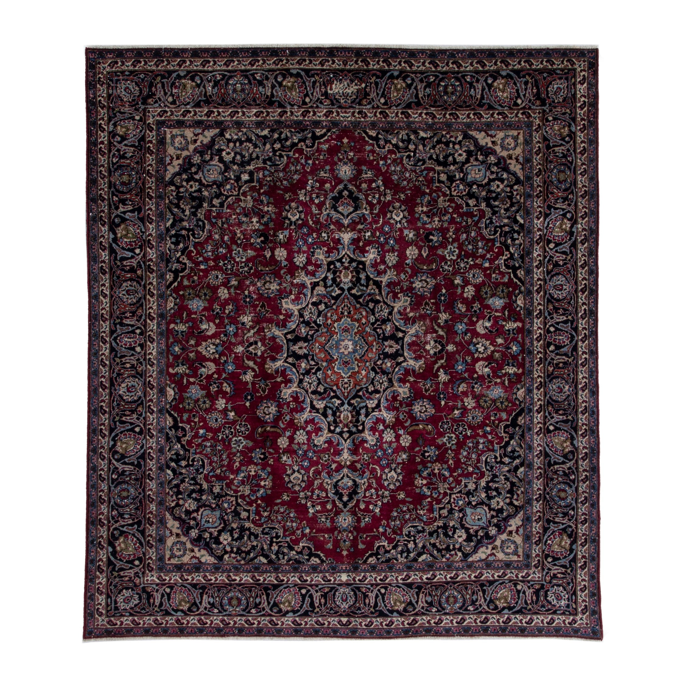 Persian Mashhad oversized rug in burgundy and navy, 8'3" x 9'4"