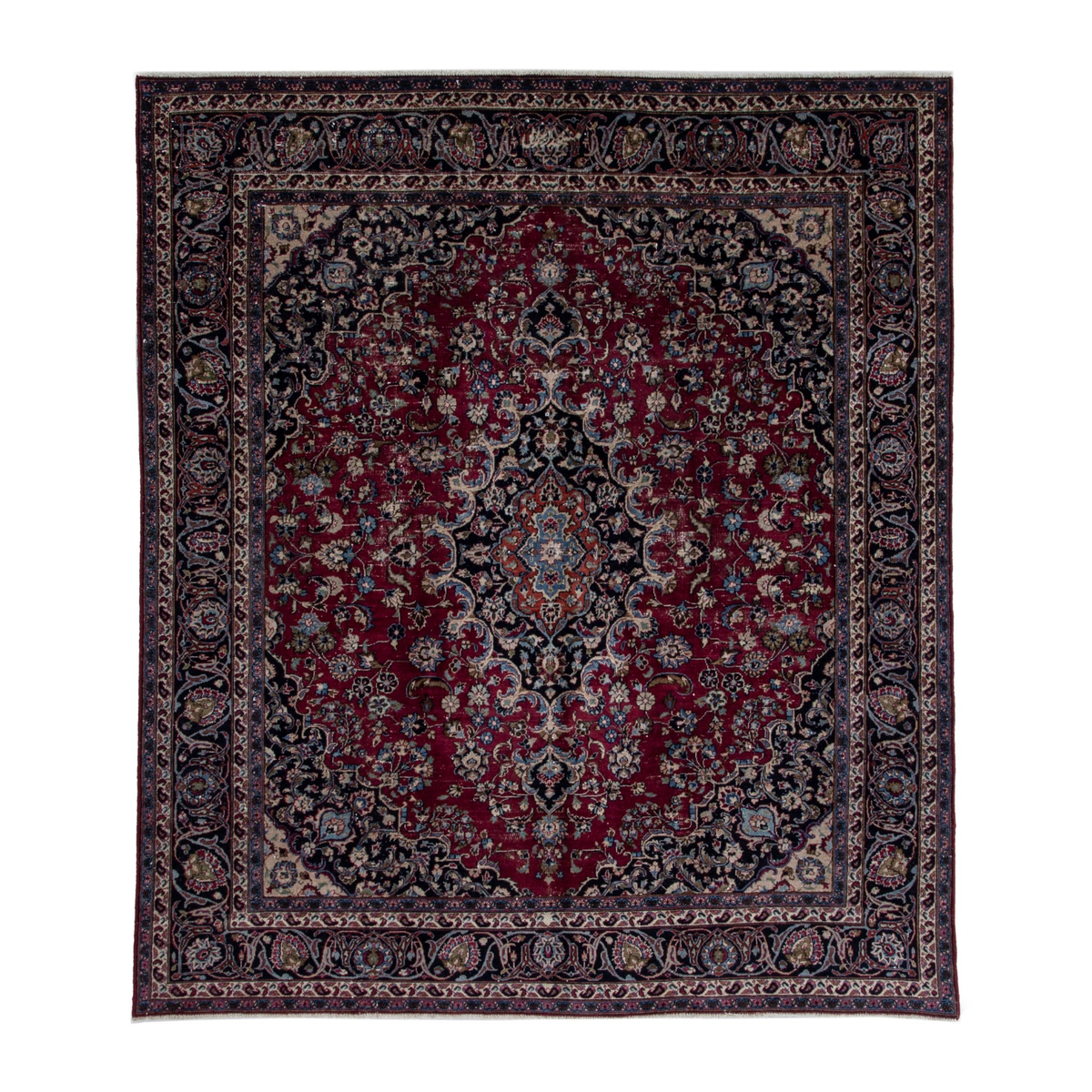 Persian Mashhad oversized rug in burgundy and navy, 8'3" x 9'4"