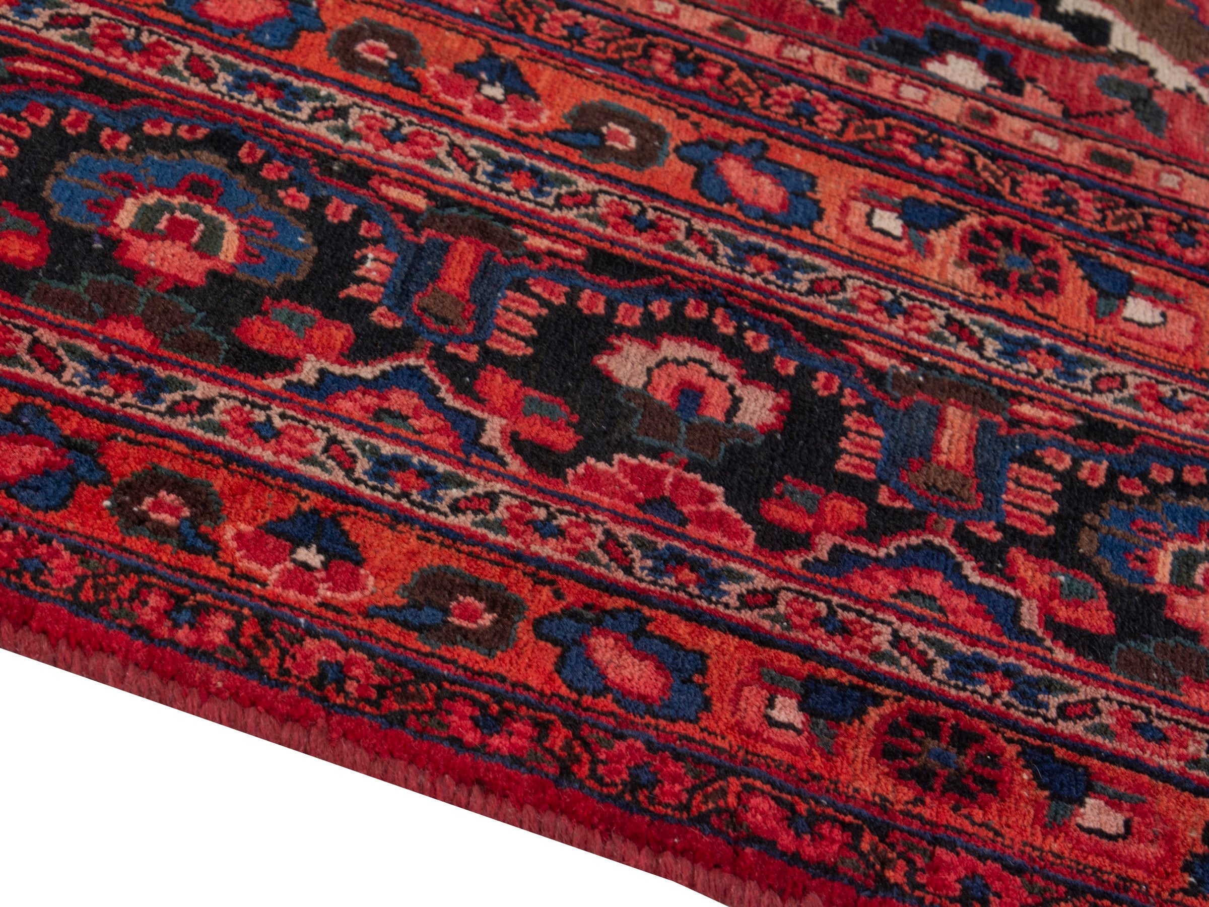 Persian Mashhad oversized rug in deep red and navy, view 8 of 20