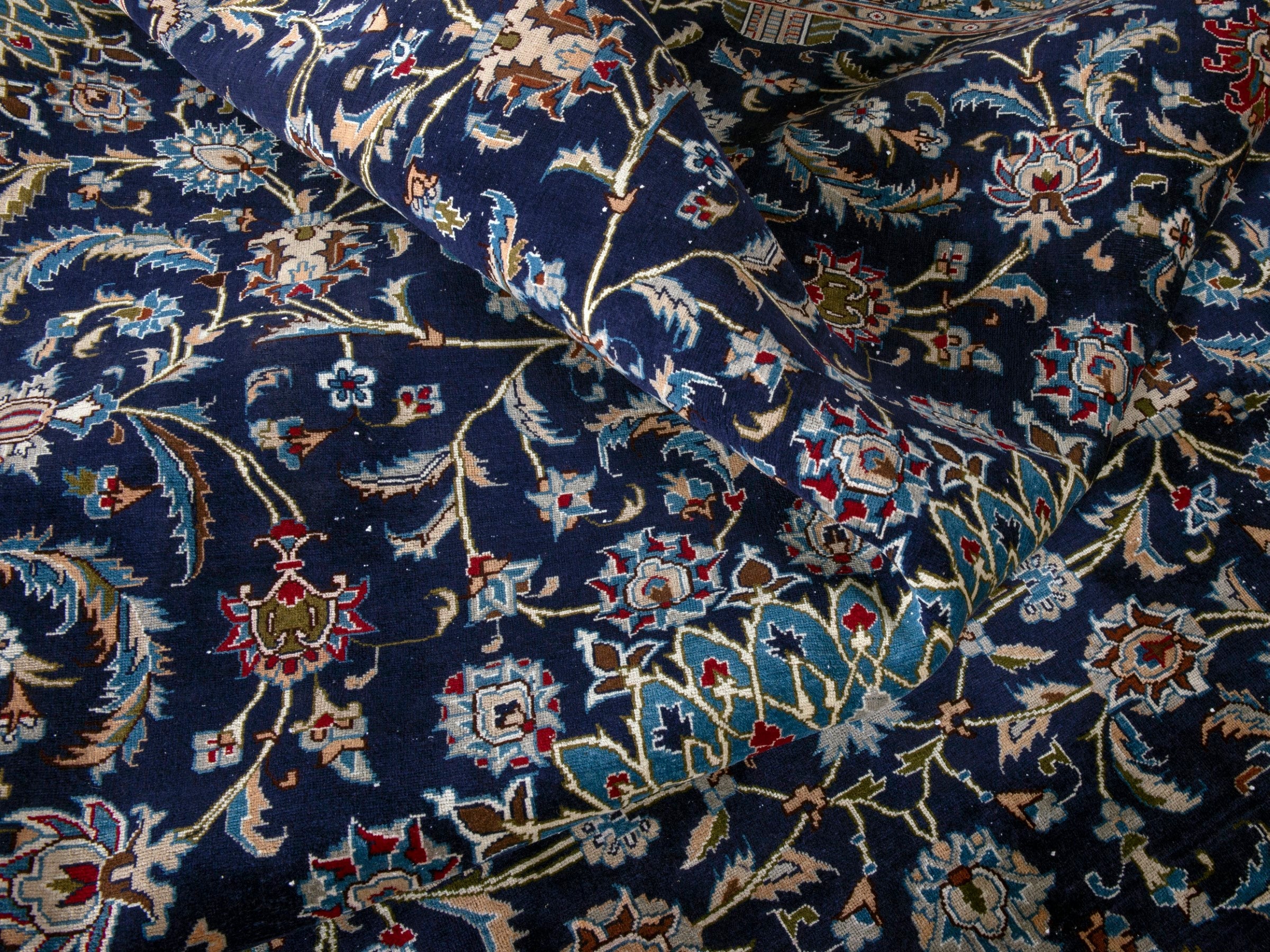 Persian Kashmar oversized rug in navy and ochre, view 15 of 18