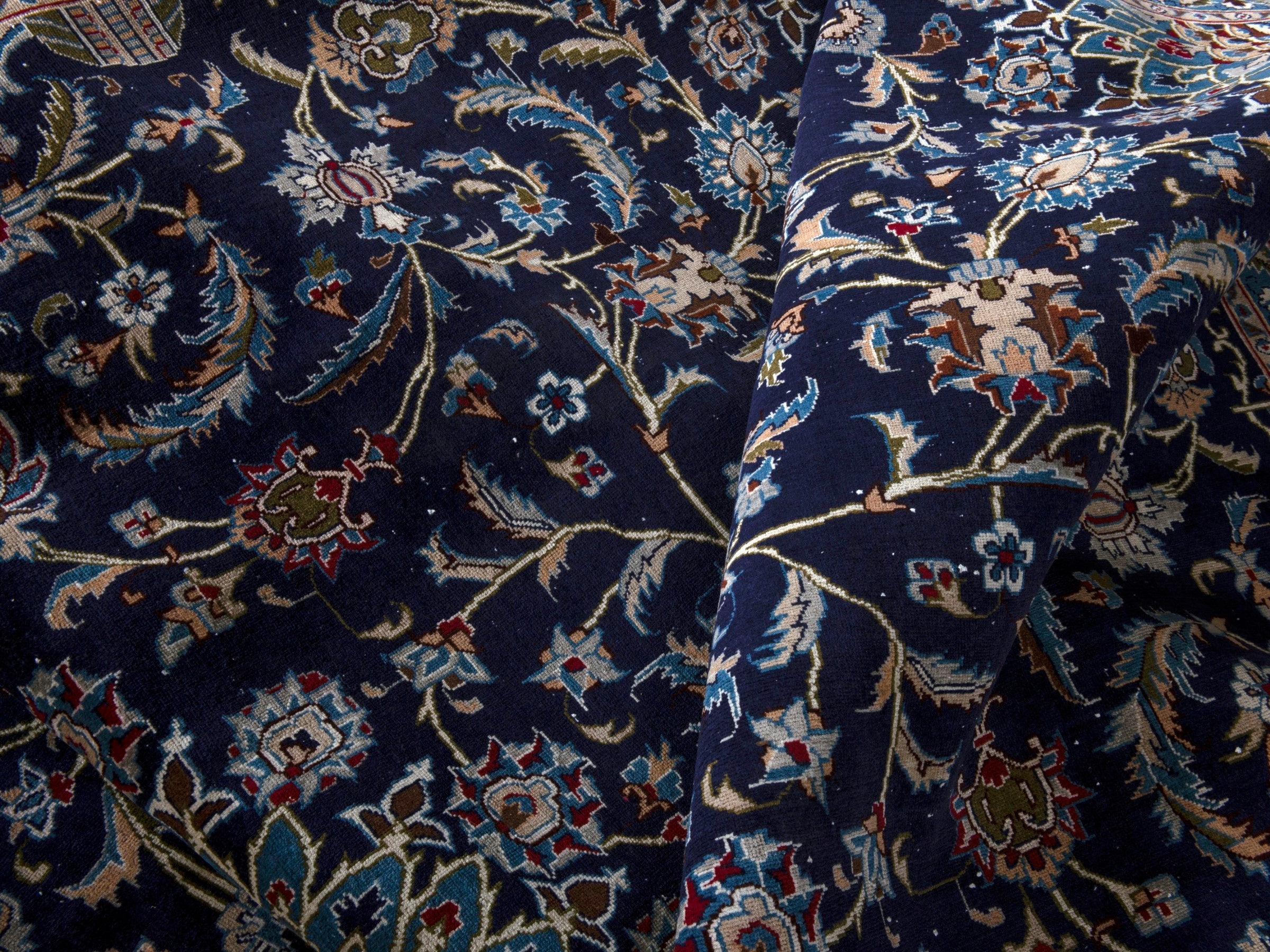 Persian Kashmar oversized rug in navy and ochre, view 16 of 18