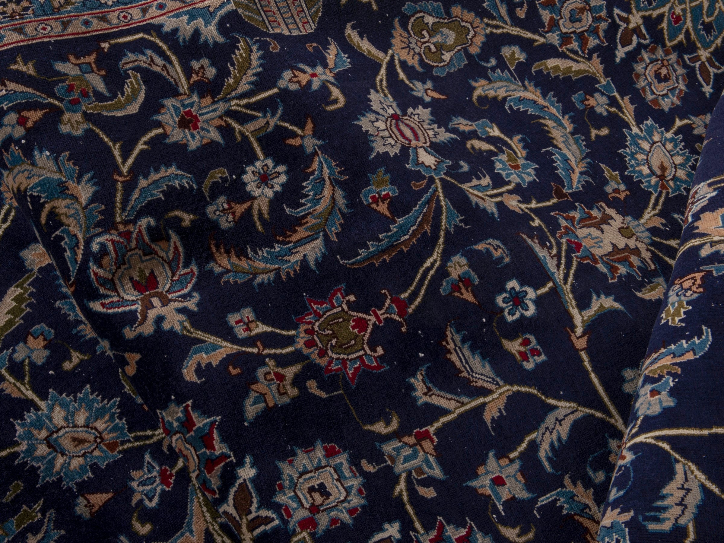 Persian Kashmar oversized rug in navy and ochre, view 17 of 18